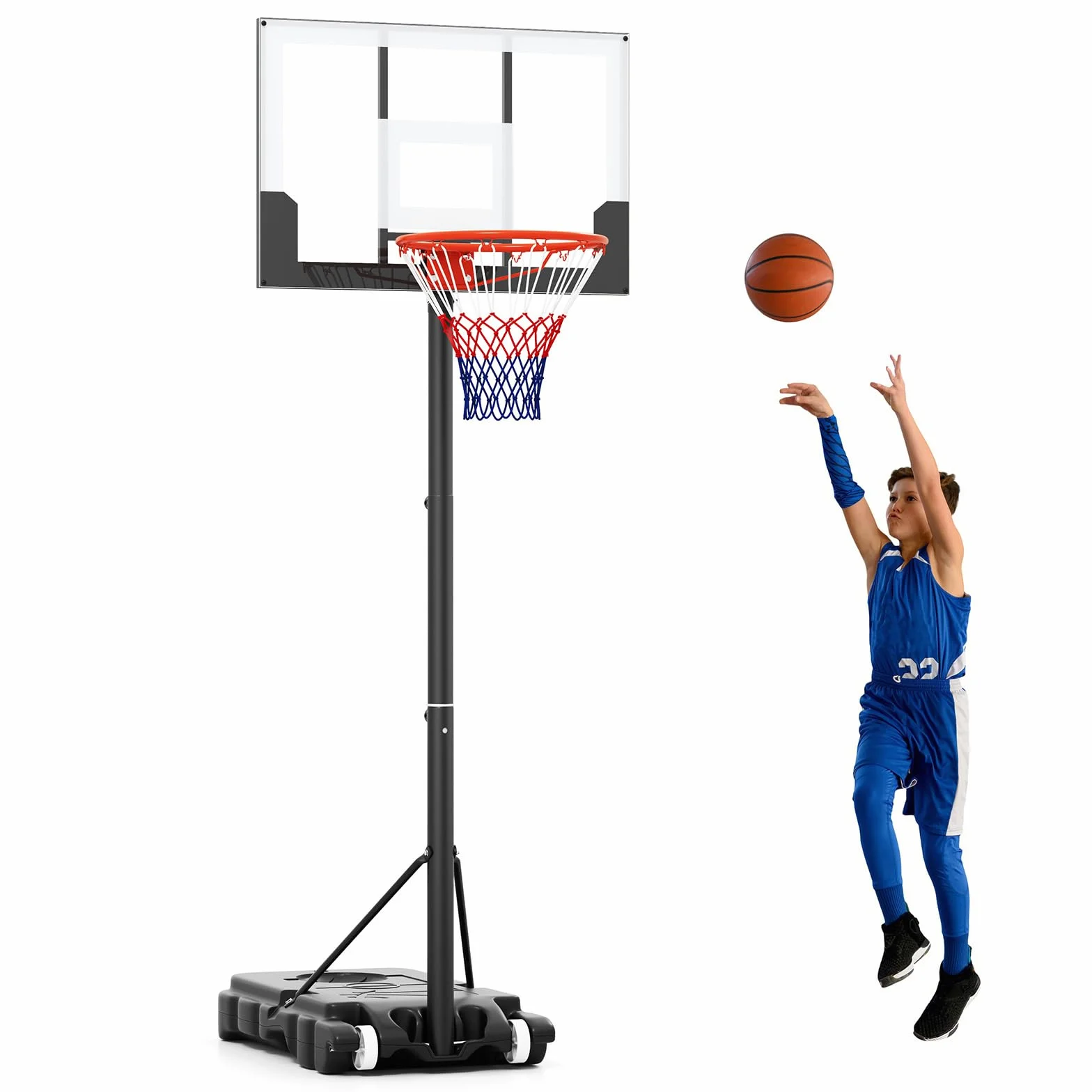 COSTWAY Panier de Basket-Ball Hauteur Réglable, Support de Basketball Mobile Extérieur avec Panneau Arrière Incassable Base Remplissable et Roues, pour Enfants