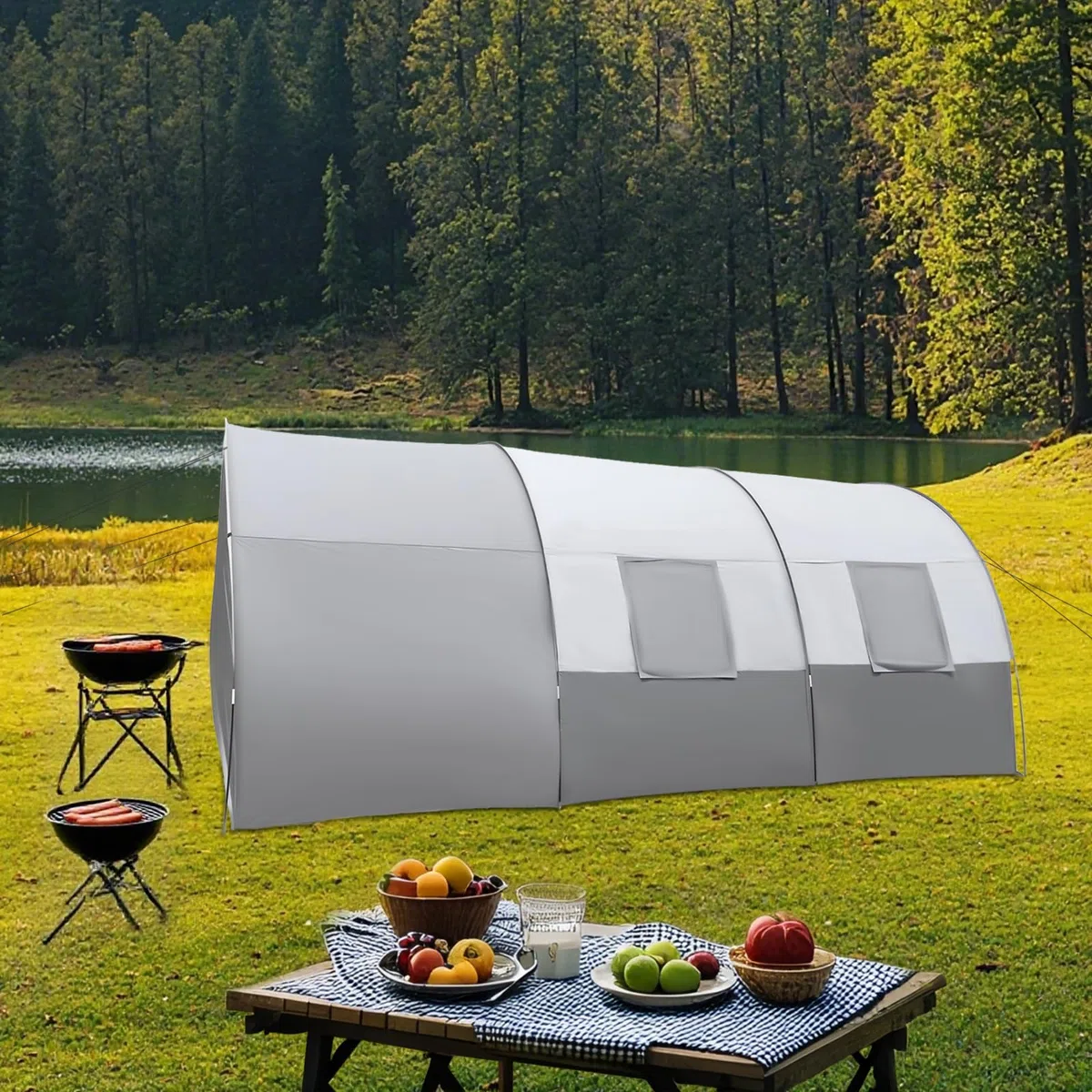Tente tunnel spacieuse pour 6 personnes avec auvent, tapis de sol, moustiquaire et sac de transport, tente familiale étanche pour camping, festivals et voyages, 350 x 480 x 206 cm