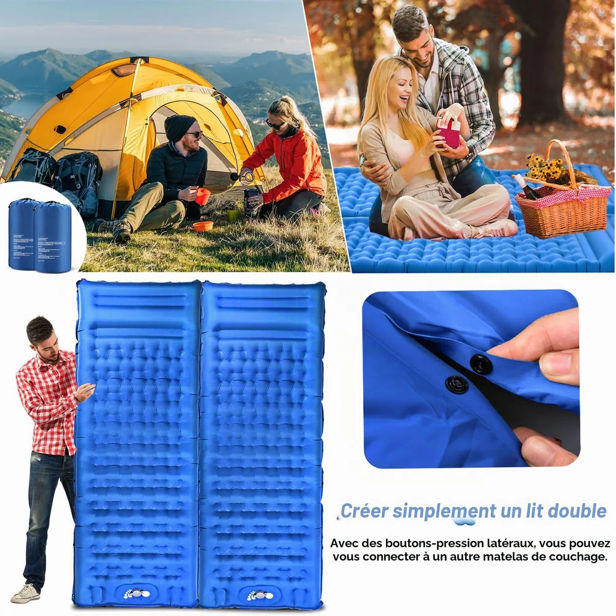 Matelas Gonflant 1 Personne, Matelas de Camping Ultraléger, Tapis de Sol Camping avec Pompe à Pied, Portable Résistant à l'eau Matelas Gonflable pour Trekking Randonnée Bivouac Voyage
