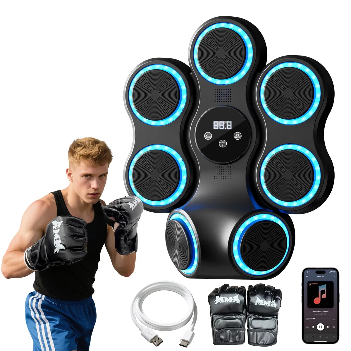 Machine de Boxe Musicale pour Adultes et Enfants, entraîneur de Frappe interactif avec Gants de Boxe, Sac de Frappe Mural de Grande Taille