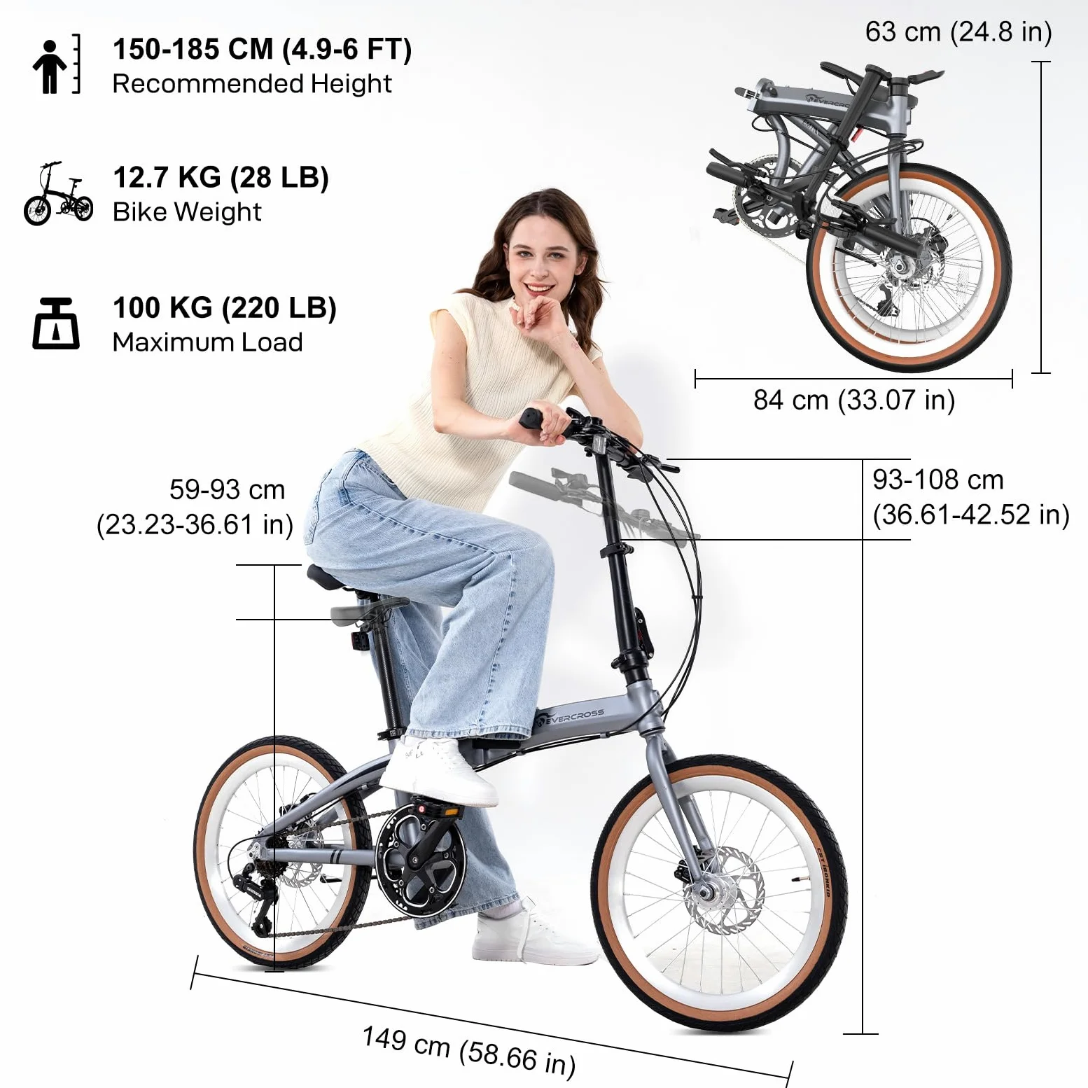 EVERCROSS EM1 Vélo Pliant pour Adultes et Adolescents dès 12 Ans – Roues 20", 7 Vitesses, Double Freins à Disque, Cadre en Aluminium Léger, Poids 12,7 kg, Bike Urban aux Tailles 150-185 cm