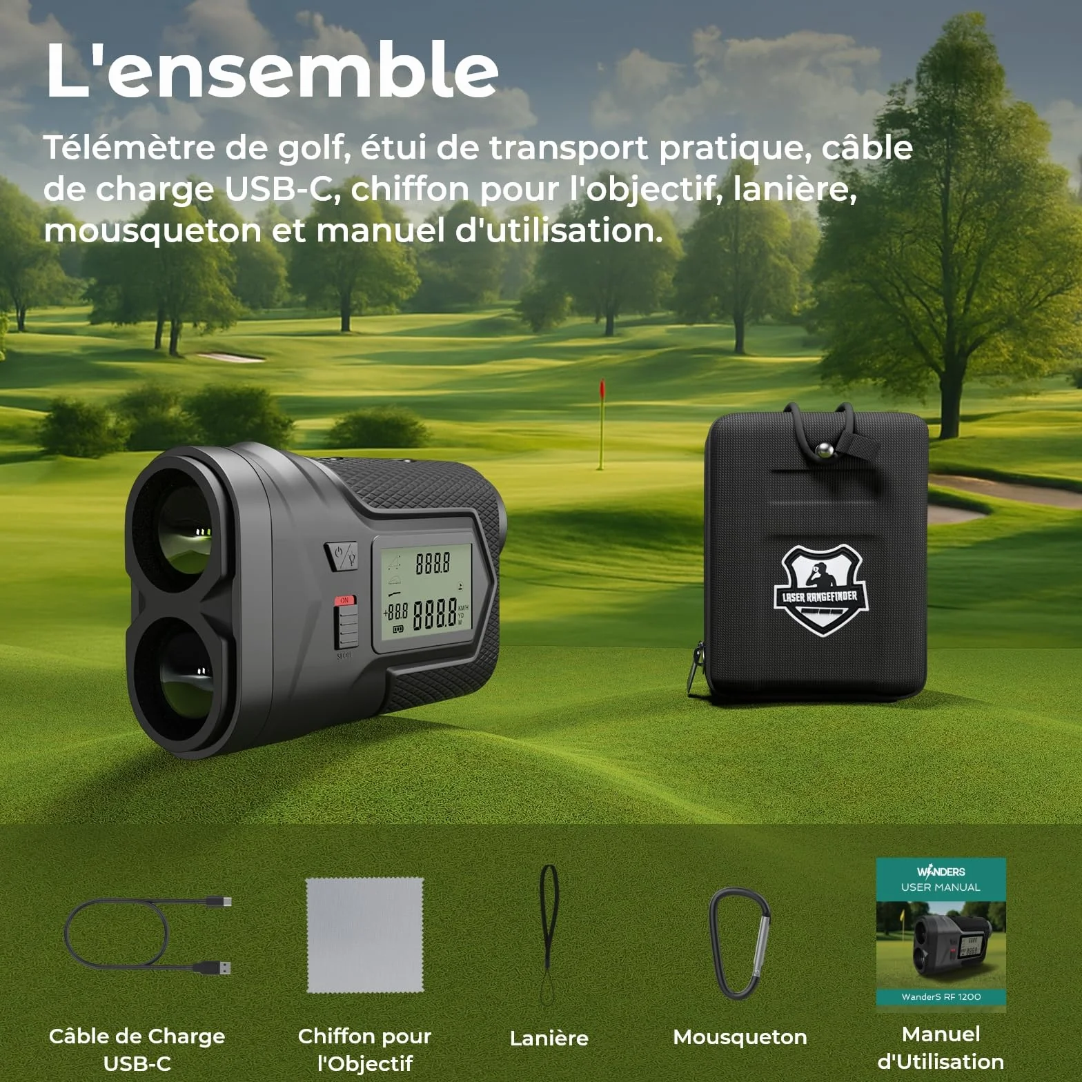 Télémètre Golf 1097M avec Pente on/Off et Verrouillage du Drapeau par WanderS – Télémètre Laser USB-C Rechargeable, Grossissement 6X, Mode Tournoi, Écran Latéral – Accessoire Golf Homme