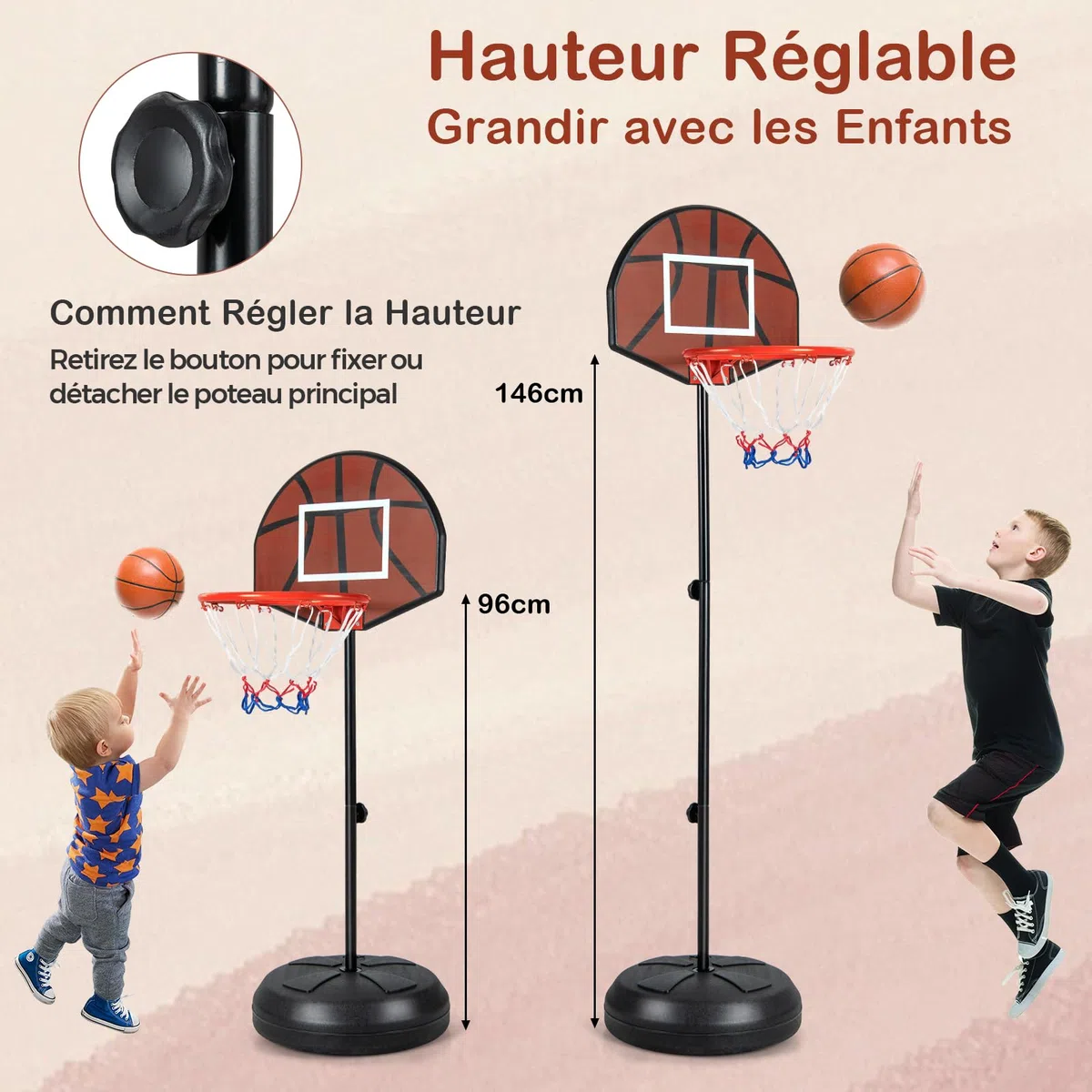 GYMAX 2-en-1 Panier Basket Enfants 3-10 Ans, avec Cible de Fléchettes, Hauteur Réglable 96/146cm, Base Remplissable Stable, 6 Fléchettes, pour Intérieur et Extérieur, pour Garçons et Filles