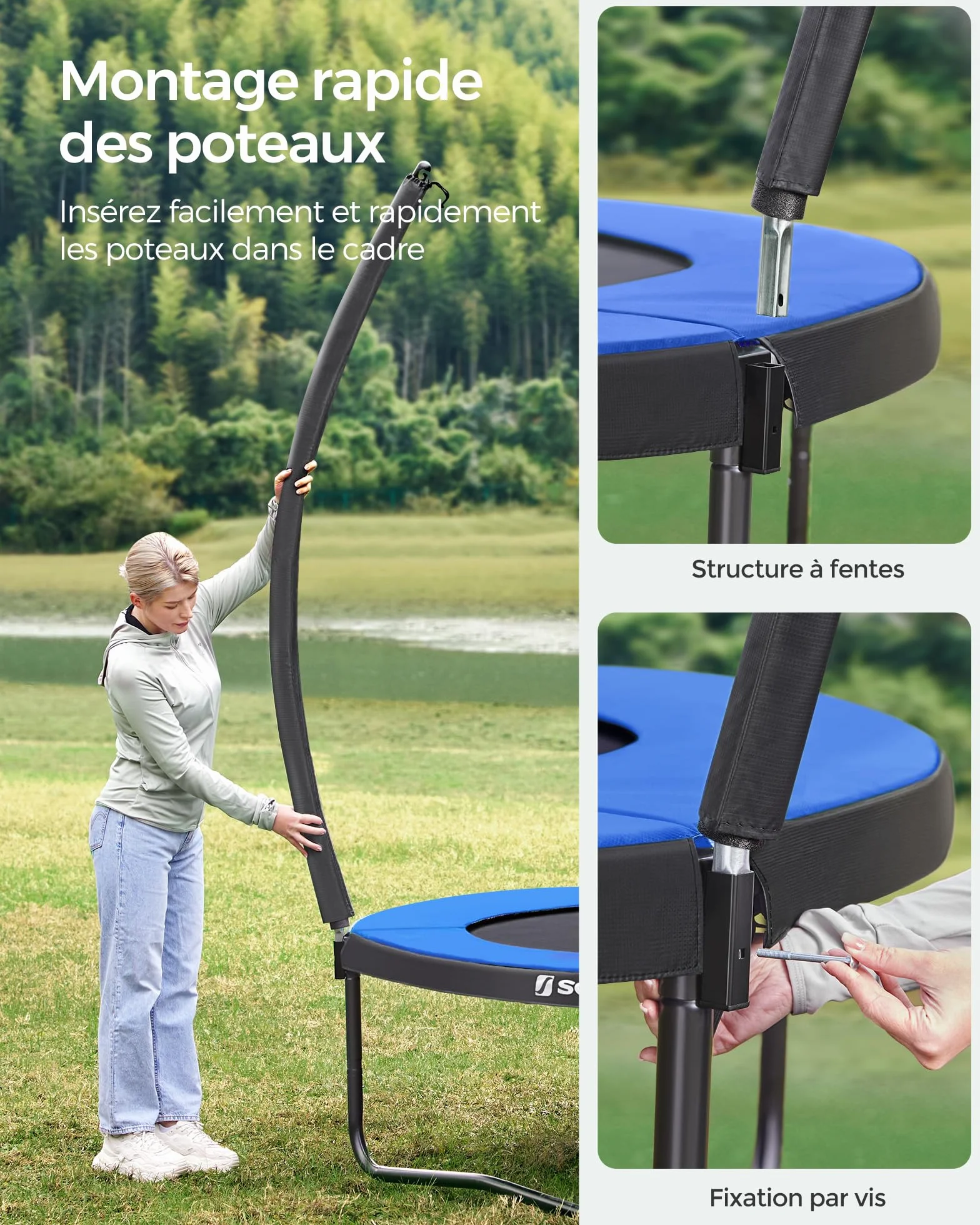 SONGMICS Trampoline Extérieur Enfant Diamètre 244/305/366/427 cm, Filet de Protection, Poteau Incurvé de 180 cm de Haut, Coussins de Sécurité, Échelle, Cadre en Acier