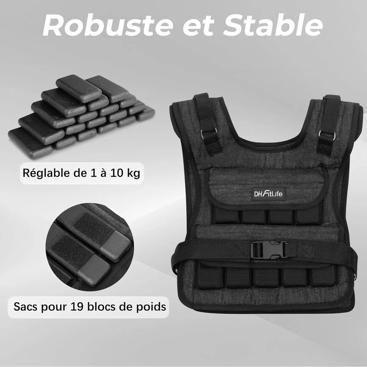 DH FitLife Gilet Lesté Réglable 10 KG/20KG Compact et Stable pour Le Renforcement Musculaire et La Musculation | Weighted Vest | Gilet de Course pour Homme et Femme