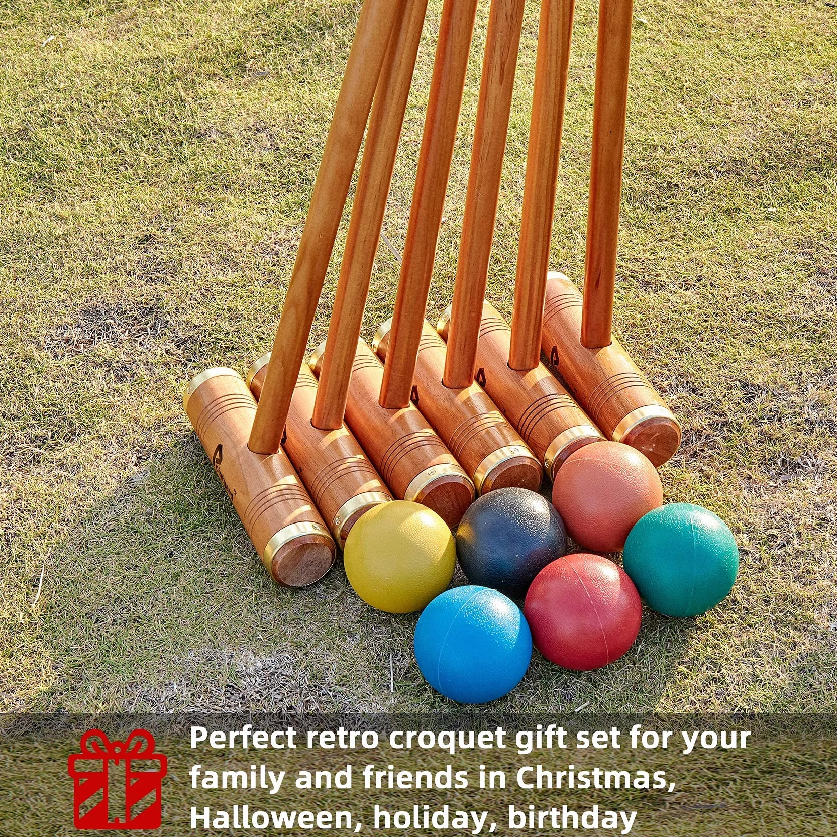 Ensemble de croquet de luxe pour 6 joueurs de 89.9 cm, style rétro Annatto avec maillets en bois, piquets pour adultes/adolescents/famille, parfait pour pelouse/jeu dans le jardin/parc