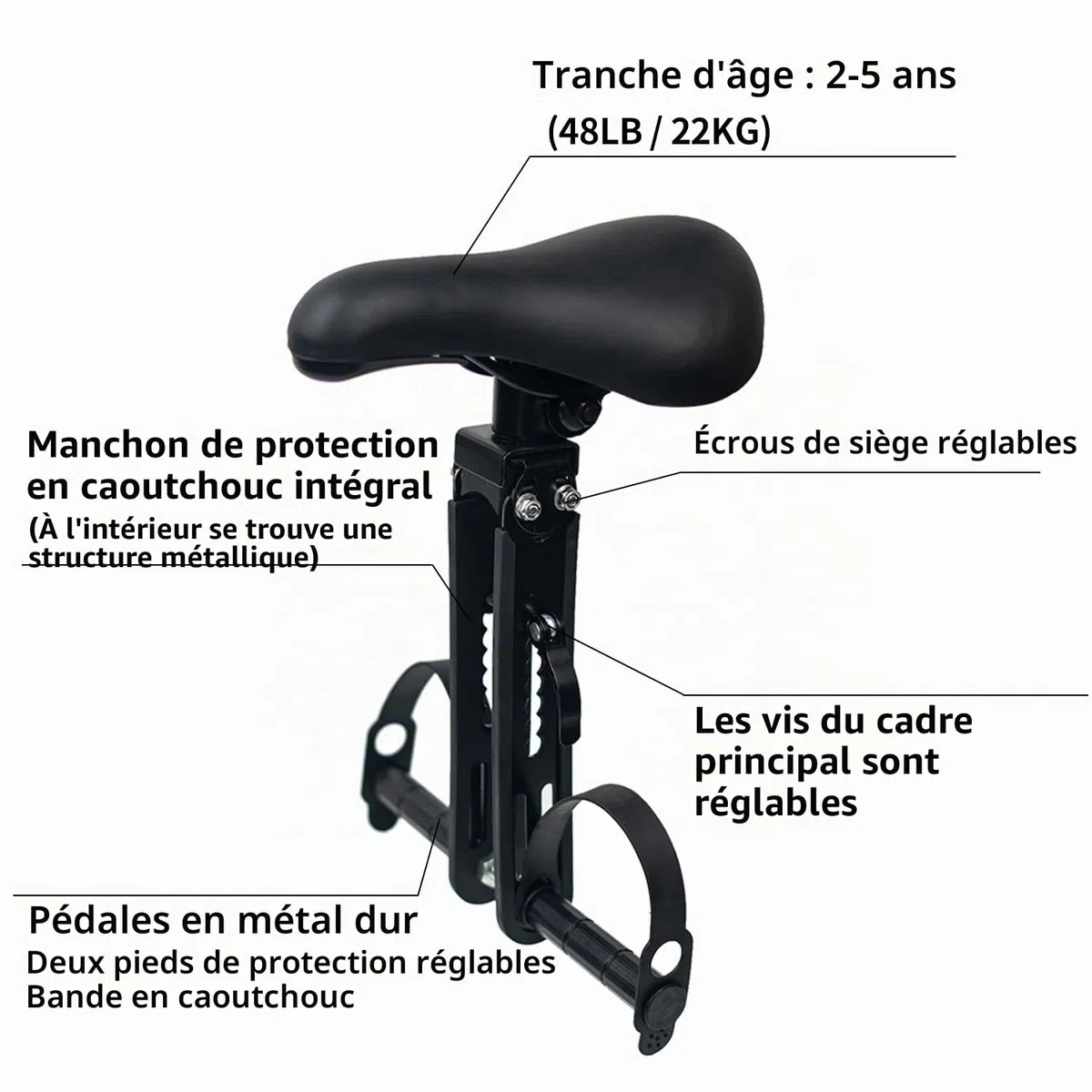 Siège de vélo avant pour enfants avec fixation de guidon, siège de vélo pour enfants de 2 à 5 ans, siège de vélo amovible pour tous les vélos de montagne (jusqu'à 21,8 kg)