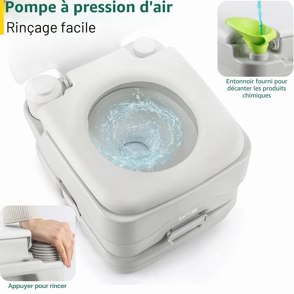 Trail Toilette Portable, Toilette Camping avec Chasse d'Eau et Grand Réservoir Détachable (10 L/20 L), Vanne à Guillotine Hygiénique Avec Double Joint pour Prévenir les Odeurs