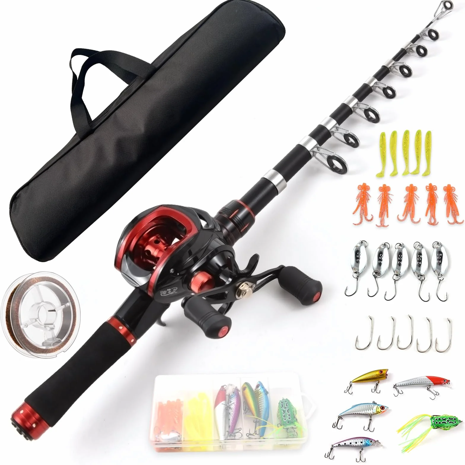 Lixada Ensemble canne à pêche et moulinet avec leurres de pêche pour adulte, canne à pêche télescopique de 2,1 m avec moulinet de lancer d'appât 18 + 1BB pour droitier/gauche, kit de pêche portable
