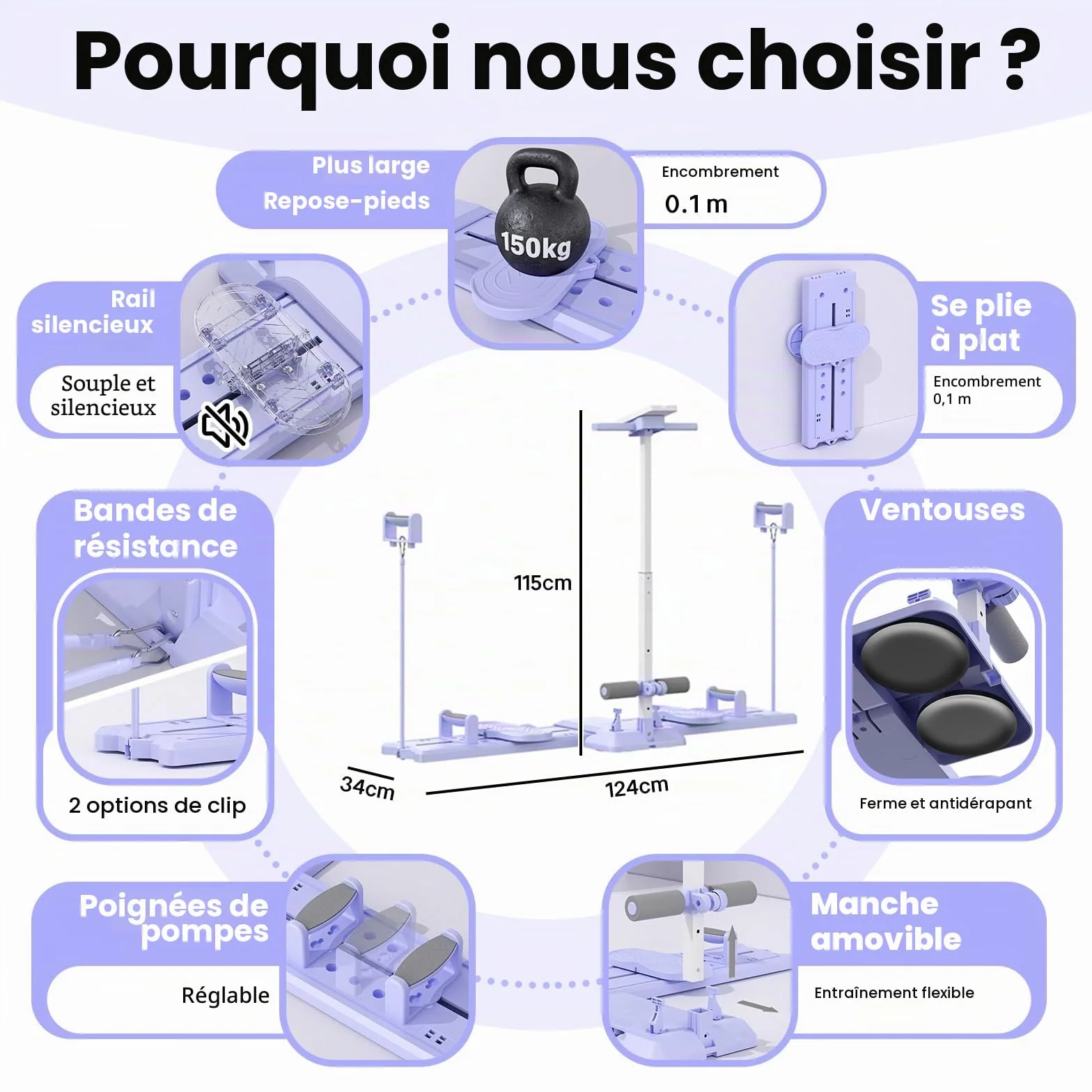Kit Pilates Reformer, Machine à Ski 5 en 1, Planche de Pilate Pliable, Appareil Abdominaux, Push up Board, Poignées Amovibles avec Support Téléphone, pour le Renforcement du Core, Fessiers, Bras