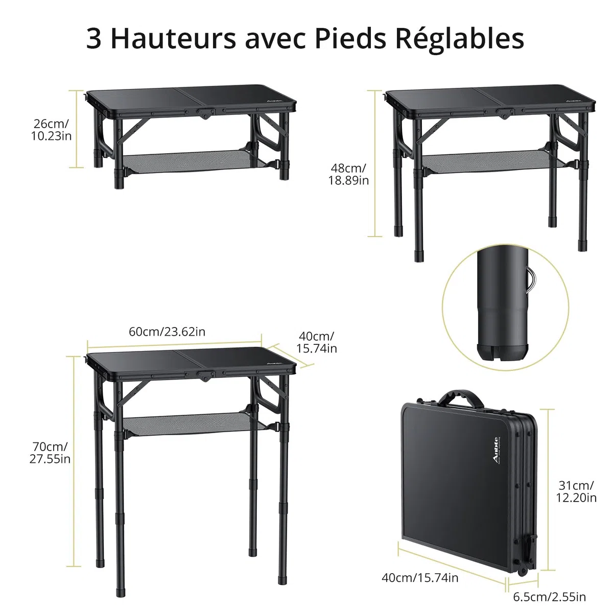 Anbte Table de Camping Pliante avec Filet de Rangement, Table de Pique-Nique Portable en Alliage d'Aluminium Hauteur Réglable en 3 hauteurs pour Intérieur/Extérieur, Cuisine