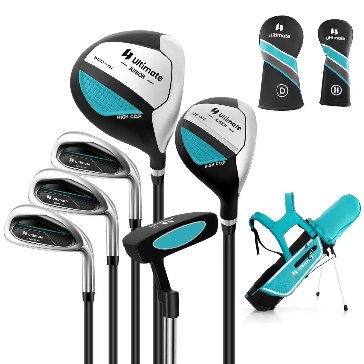 COSTWAY Ensemble Club de Golf Portable pour Enfants, Set de Golf Complet Sac Trépied avec Capuche Anti-Pluie, pour Droitier