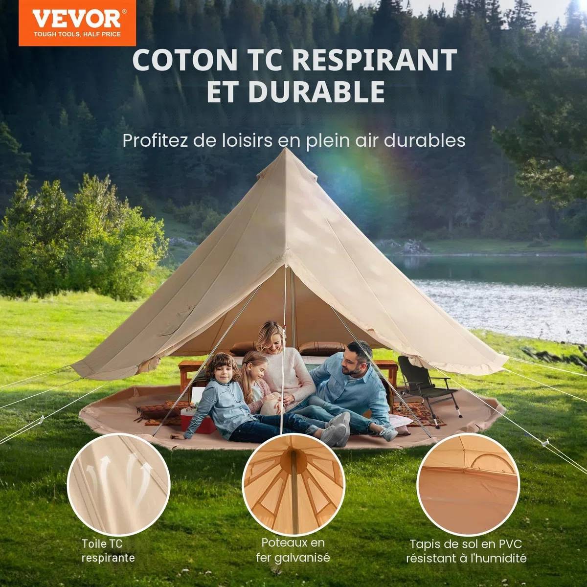 VEVOR Tente Cloche en Toile Tente de Yourte 4 Saisons Tente de Camping Familial avec Trou de Poêle à Bois, Sacs de Rangement pour Glamping, Groupes en Plein Air, Fête, Chasse