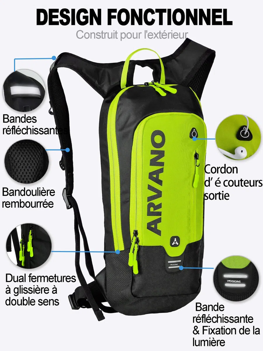 Sac à Dos d’hydratation 6L avec Poche à Eau 2L, Sac vélo et VTT léger, Respirant avec Sangles réglables, idéal pour randonnée et Course à Pied, Homme Femme