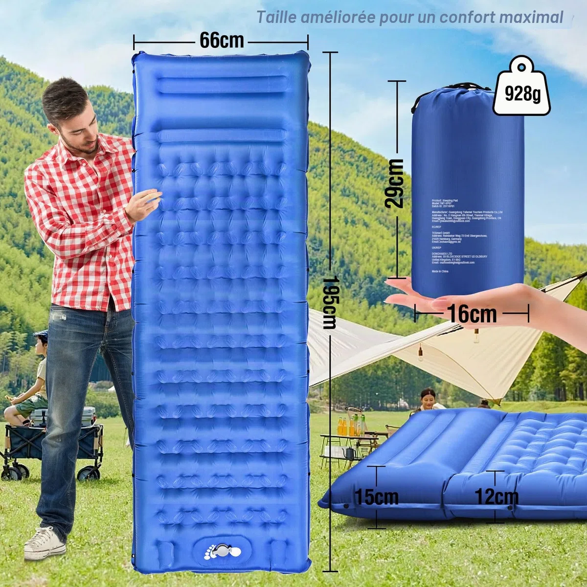 Matelas Gonflant 1 Personne, Matelas de Camping Ultraléger, Tapis de Sol Camping avec Pompe à Pied, Portable Résistant à l'eau Matelas Gonflable pour Trekking Randonnée Bivouac Voyage