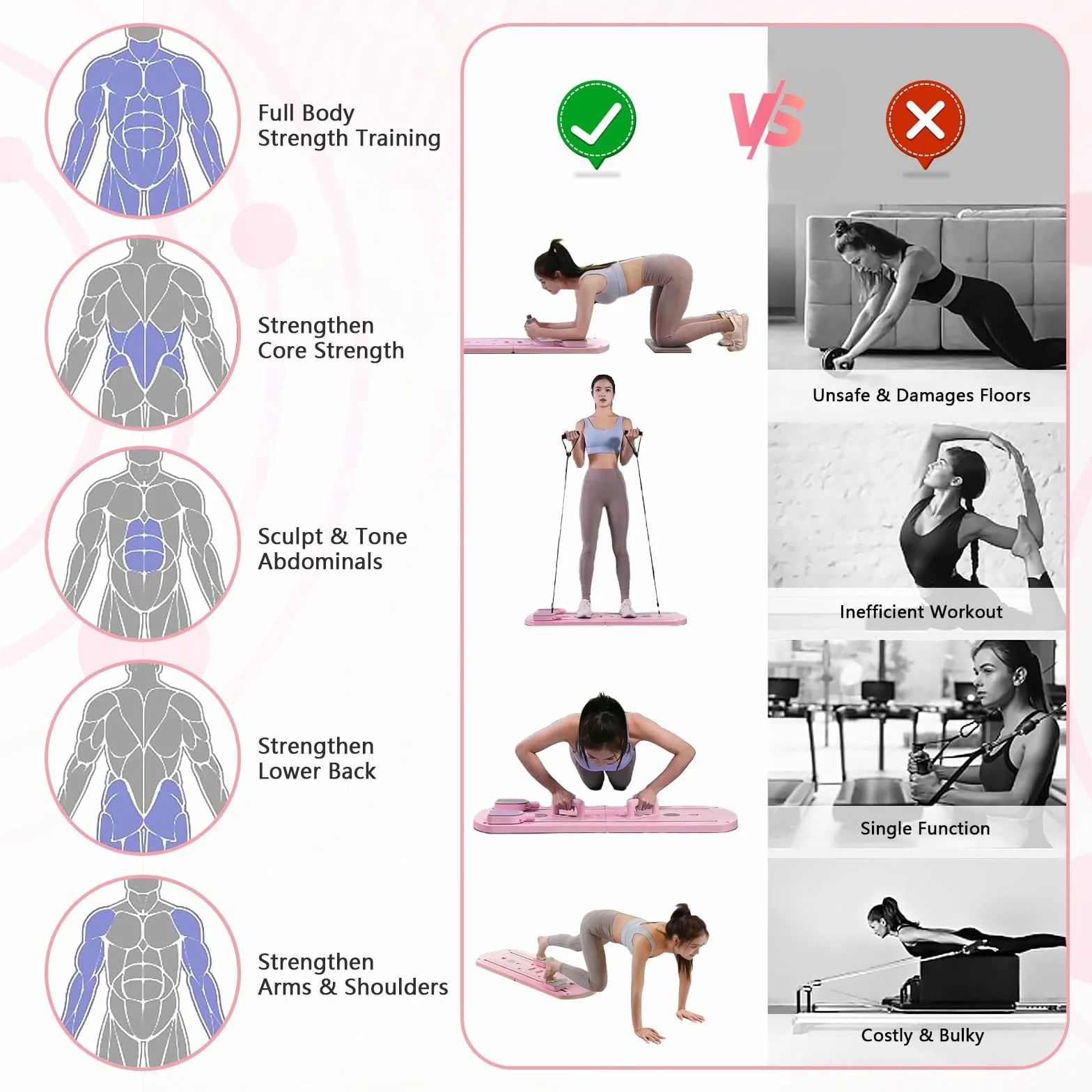 Pilates Reformer Machine Set & Pilates Board Equipment, 4-in-1 Portable Pilates Kit for Home with AB Roller Resistance Bands, Better Me Full Body Workout System for Women