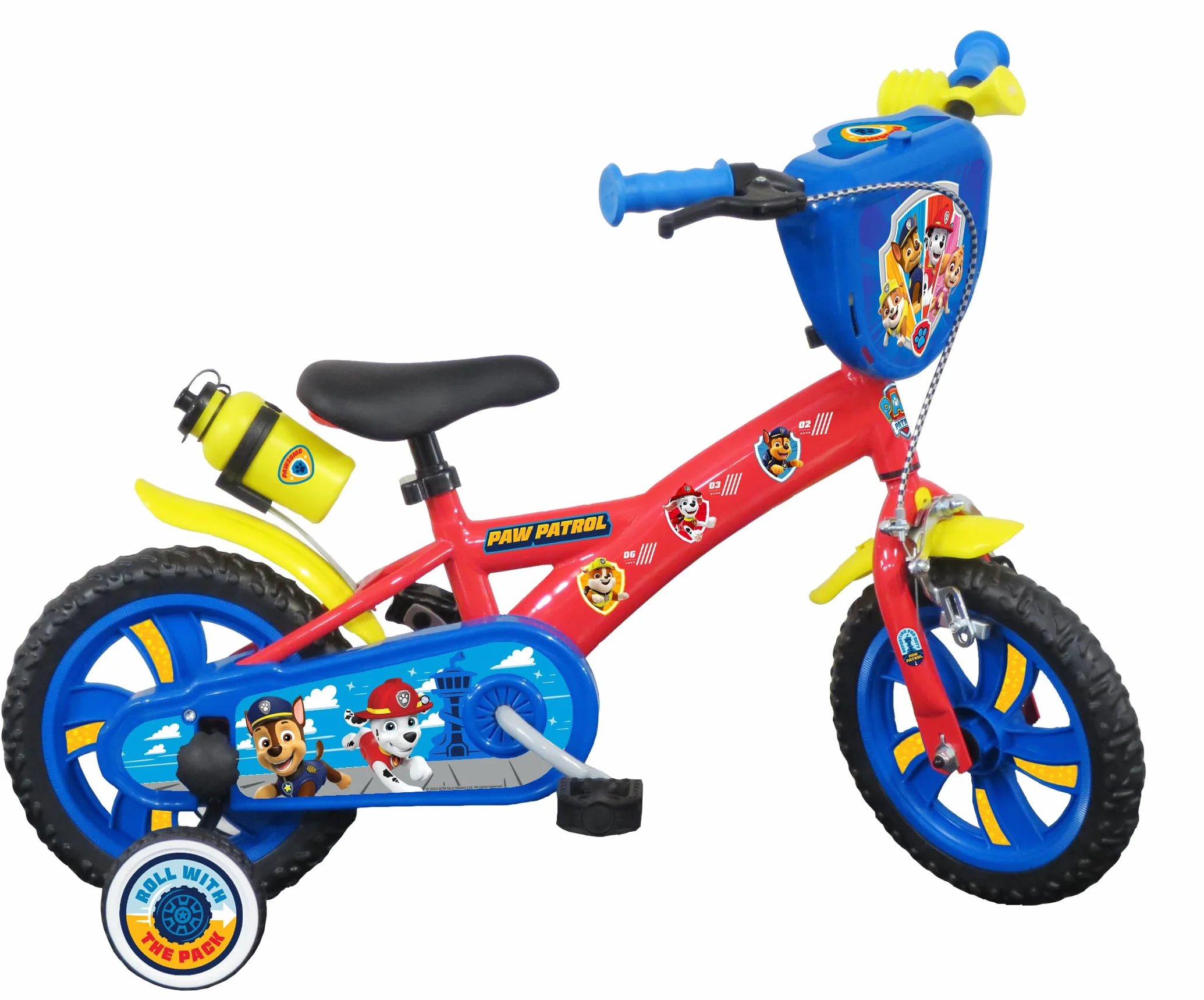 Vélo 12'' Pat Patrouille équipé de 1 Frein, Plaque Avant décorative, Garde boues, Carter, stabilisateurs + Casque de la Pat Patrouille Orange ou Bleu