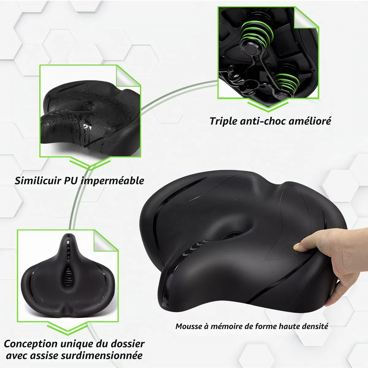 CDYWD Selle de Velo Ultra Confortable Femme et Homme - Extra Large, Rembourrage Doux, avec Suspension, Selle de Vélo Ergonomique - Selle Confort Velo pour VTT, Vélo De Ville, Ebike, Vélo Stationnaire