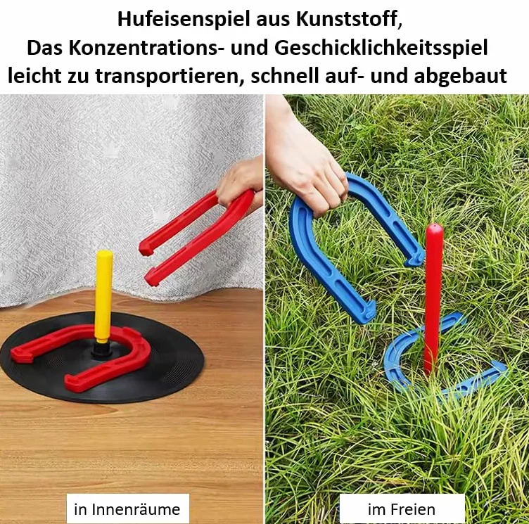 Jeu de fer à cheval - Pour l'intérieur et l'extérieur - 2 poteaux avec assiette en caoutchouc, 2 piquets de jardin, 4 fers à cheval en caoutchouc, avec sac en filet
