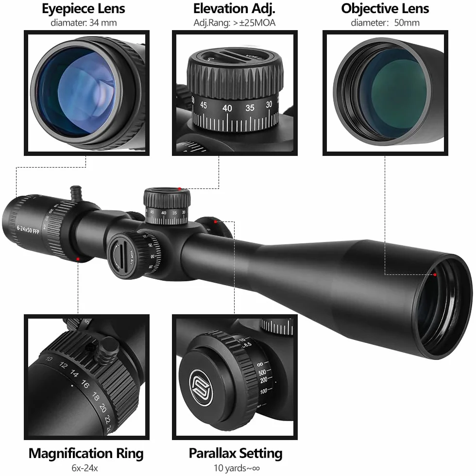 SPINA OPTICS 4-16x44 / 6-24x50 SFP 2nd Focal Flat Rifle avec mil Dot Reticle et Support annulaire de 20 mm, Lunette de visée Noires étanches et antibuées, Tube de 30 mm