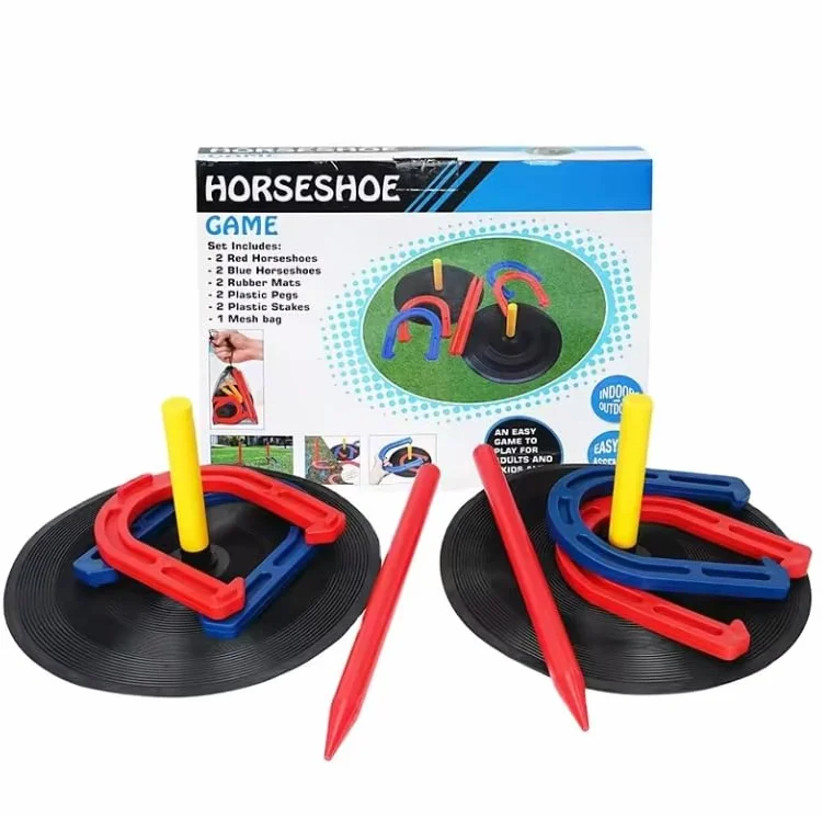 Jeu de fer à cheval - Pour l'intérieur et l'extérieur - 2 poteaux avec assiette en caoutchouc, 2 piquets de jardin, 4 fers à cheval en caoutchouc, avec sac en filet