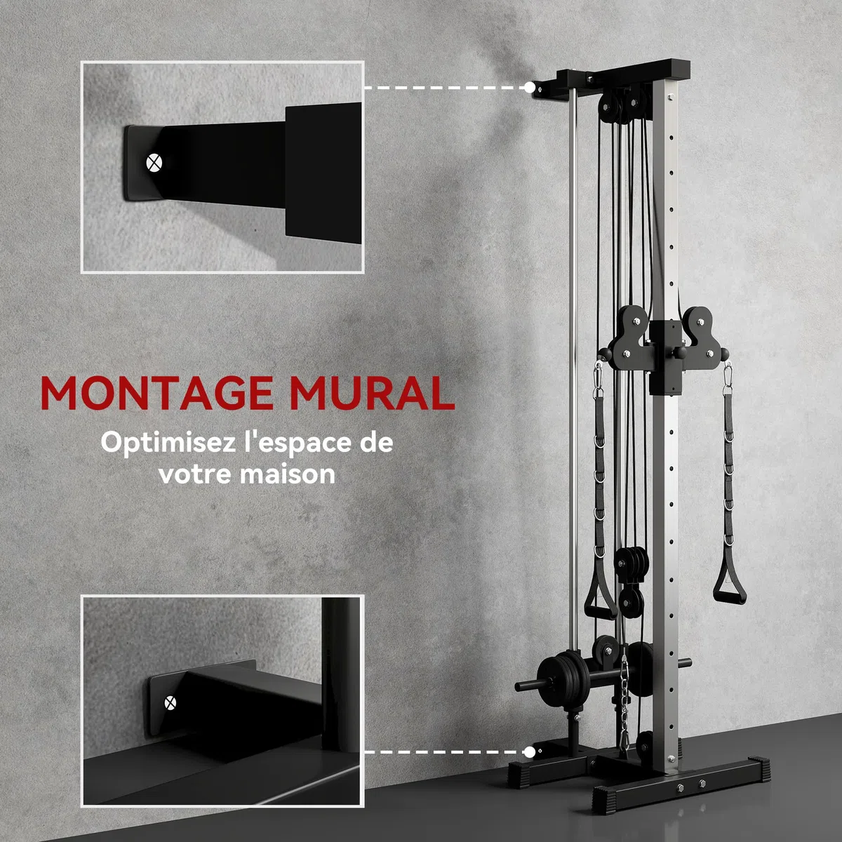 SPORTNOW Station à Poulie Murales 15 Positions + Banc de Musculation Pliable, Ensemble Gym Complet pour Haut du Corps et Abdos, avec Coussin Rembourré, 62x60x200cm, Noir