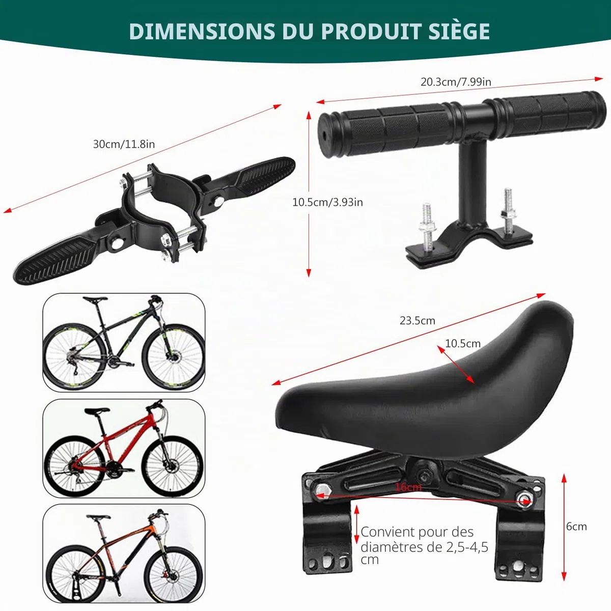 Siège enfant avant pour vélo de montagne - Siège enfant avant avec guidon et pédale - Siège de vélo pour enfant avant - Siège de vélo amovible - Barre avant - Portable - Siège de vélo pour enfants
