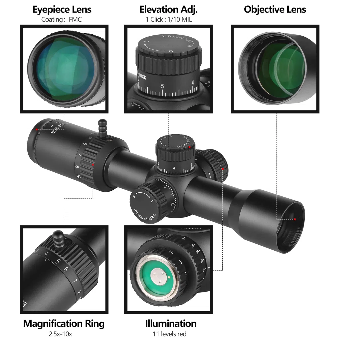 SPINA OPTICS Lunette de visée 2.5-10x32 SFP Lunette Chasse avec éclairage mil Dot Reticle, Tube de 30 mm deuxième Plan Focal avec Support annulaire de 20 mm