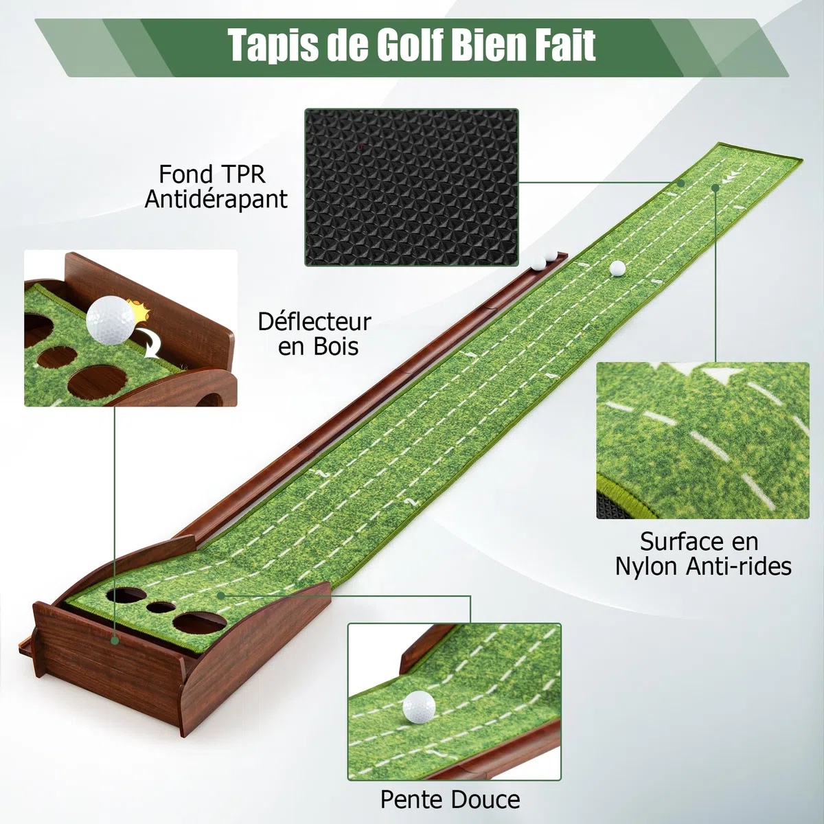 GOPLUS Tapis de Putting de Golf 1/2/3 Trous, Tapis d'Entraînement au Putting avec Retour Automatique de Balle, Guides d'Alignement, 3 Balles de Golf, pour Maison/Bureau