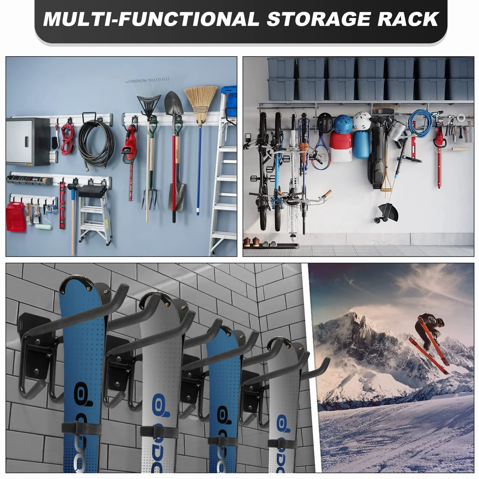Odoland Kit de Support Rangement pour Skis Peut Contenir 4/2 Paires Snowboards, 4/2 Supports de Stockage Mural avec 8/4 Sangles en Velcro, Support Mural Skis pour Maison et Garage