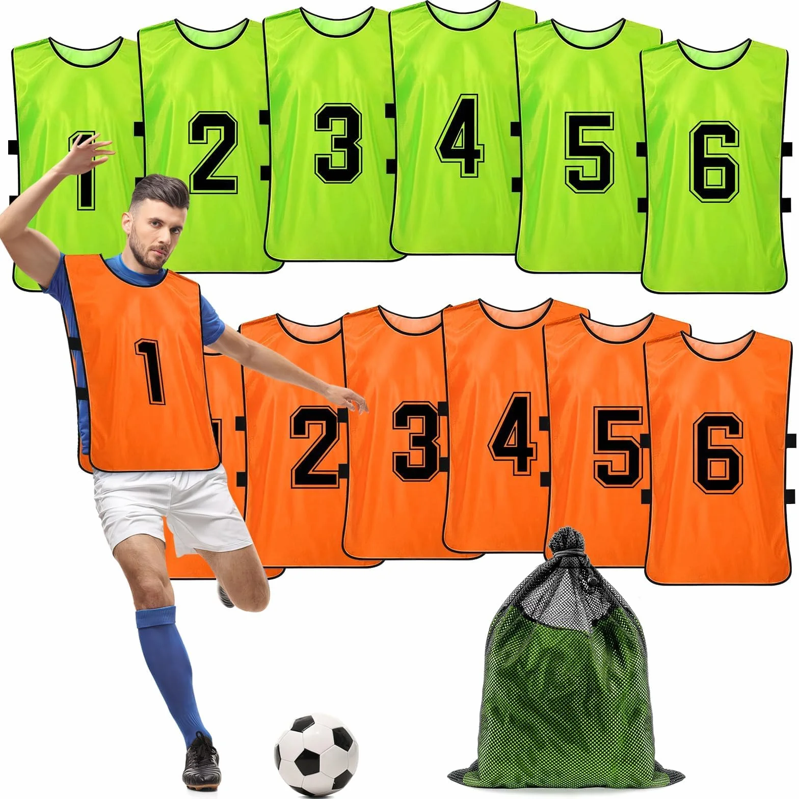 Chasubles de Football Adulte – Lot de 12 Gilets d’Entraînement Réversibles Numérotés pour Matchs et Sports d’Équipe – Maillots Respirants pour Foot, Basket, Volley – Vert/Orange