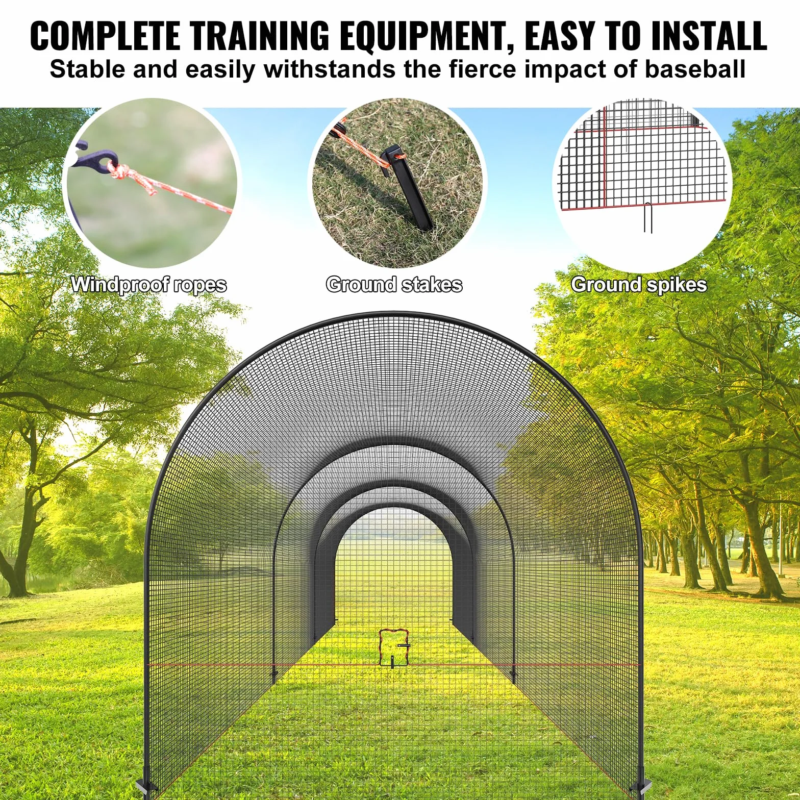 VEVOR Cage de Frappeur 12x3,6x3,6 m Filet d'Entraînement Baseball Softball Poteaux Fibre de Verre Portable
