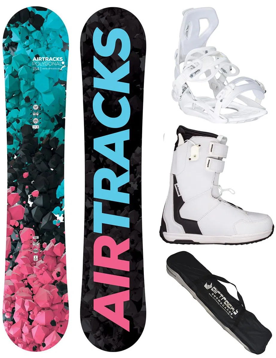 AIRTRACKS Snowboard Set Pack Planche Polygonal Hybrid Rocker + Fixations Master W + Chaussures + SB Sac 138 144 148 154 cm