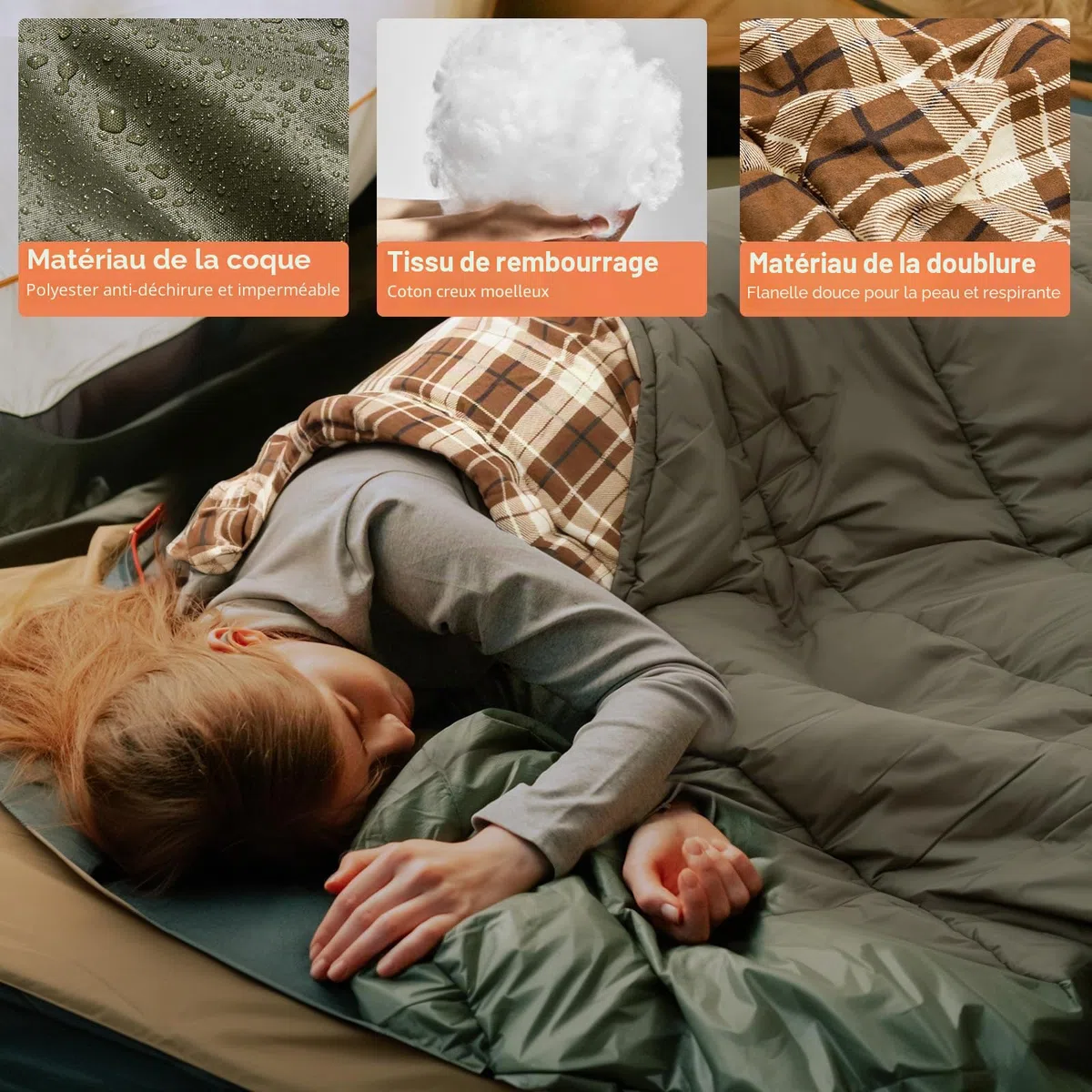 BISINNA Sac de Couchage 3 Saisons XXL en Flanelle avec Oreiller pour Adultes Chaud et imperméable pour la randonnée, Le Camping intérieur et extérieur, avec Sac de Compression
