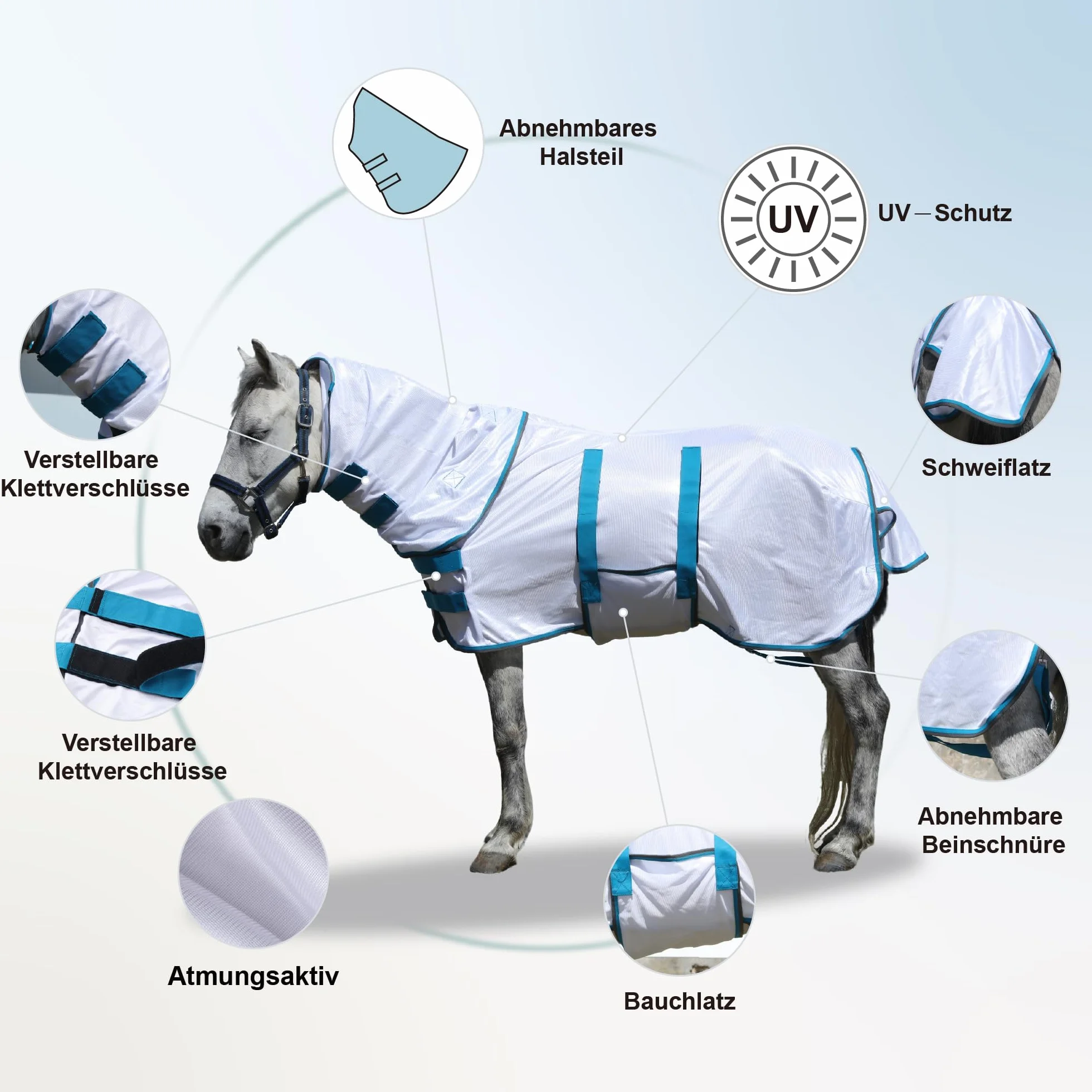 Couverture anti-mouches pour poney avec partie détachable pour le cou, respirante et légère, confortable, couverture d'été pour mini-, shetty- et poneys nains, sangles de poitrine et