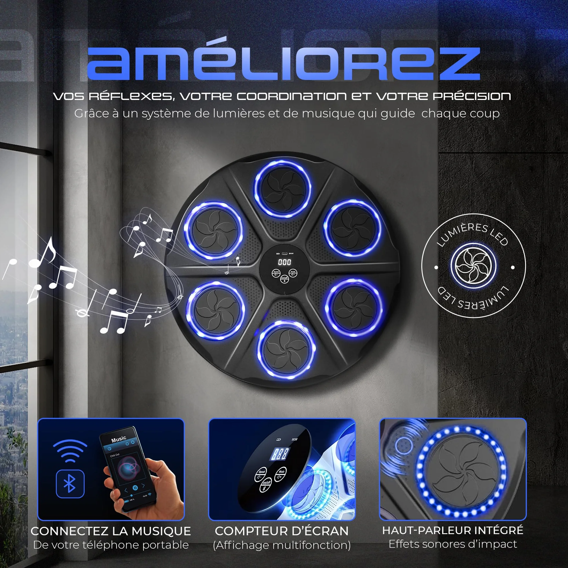 EZERO Machine Beatpunch Boxe Adulte Bluetooth LED Entraînement interactif Boxe Mural Musique Améliore Réflexes Endurance Set Complet