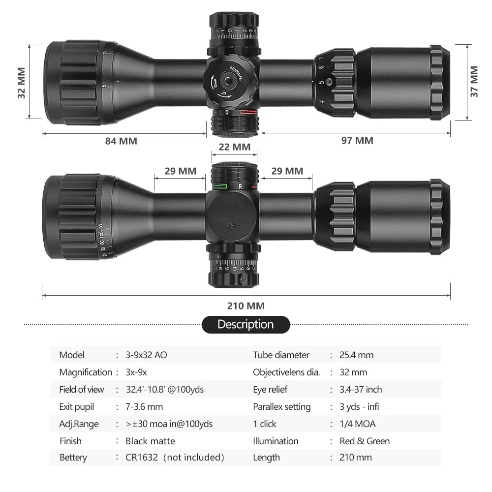 Lunette de visée SPINA OPTICS 3-9X32, AO, RGB Mil-Dot, Anneaux QD, Noir