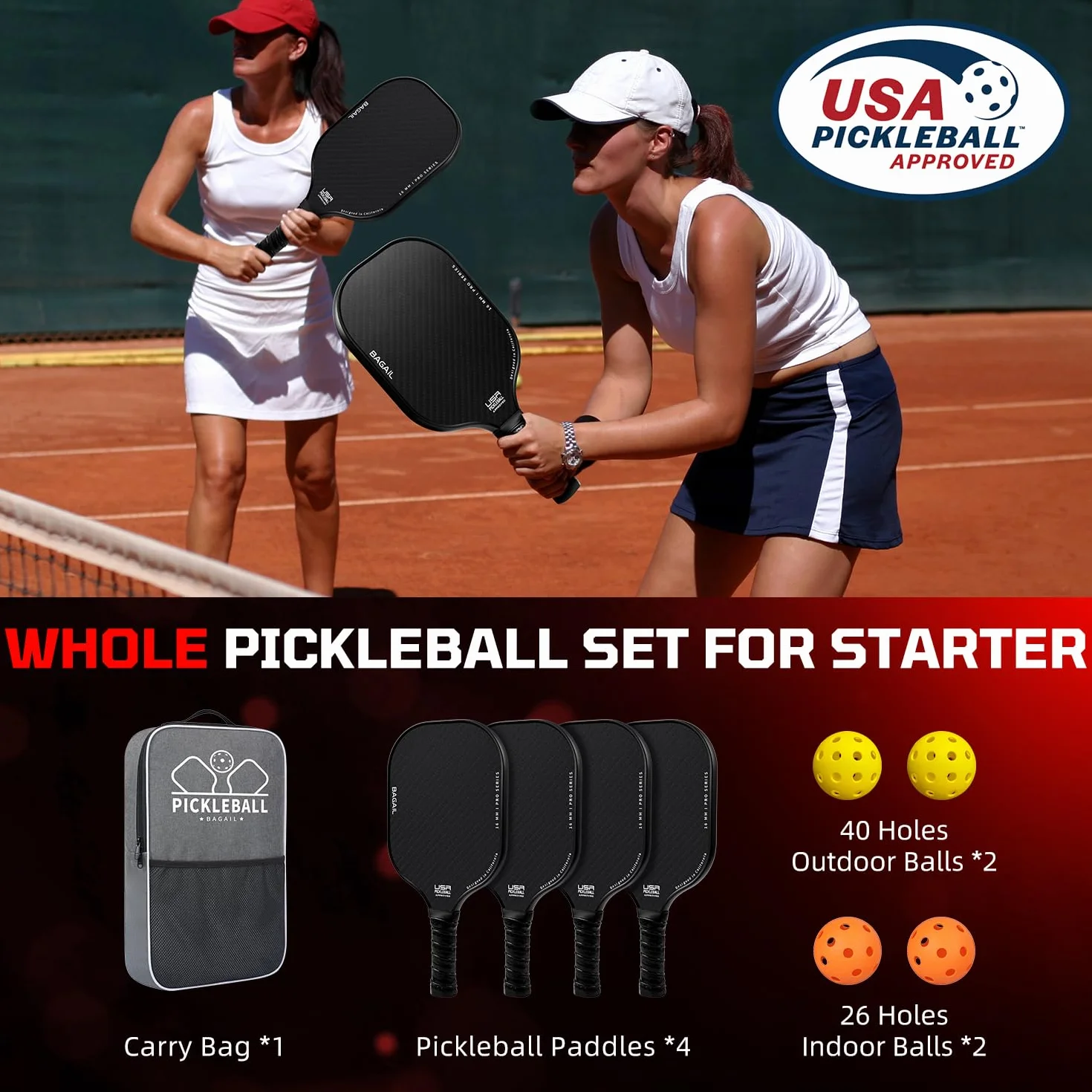 BAGAIL Ensemble de Raquettes de Pickleball, Raquettes de Pickleball avec 4 Balles, Légères - Absorption des Chocs élevée - Ergonomique, Adaptées aux Jeux de Pickleball en Intérieur et en Extérieur