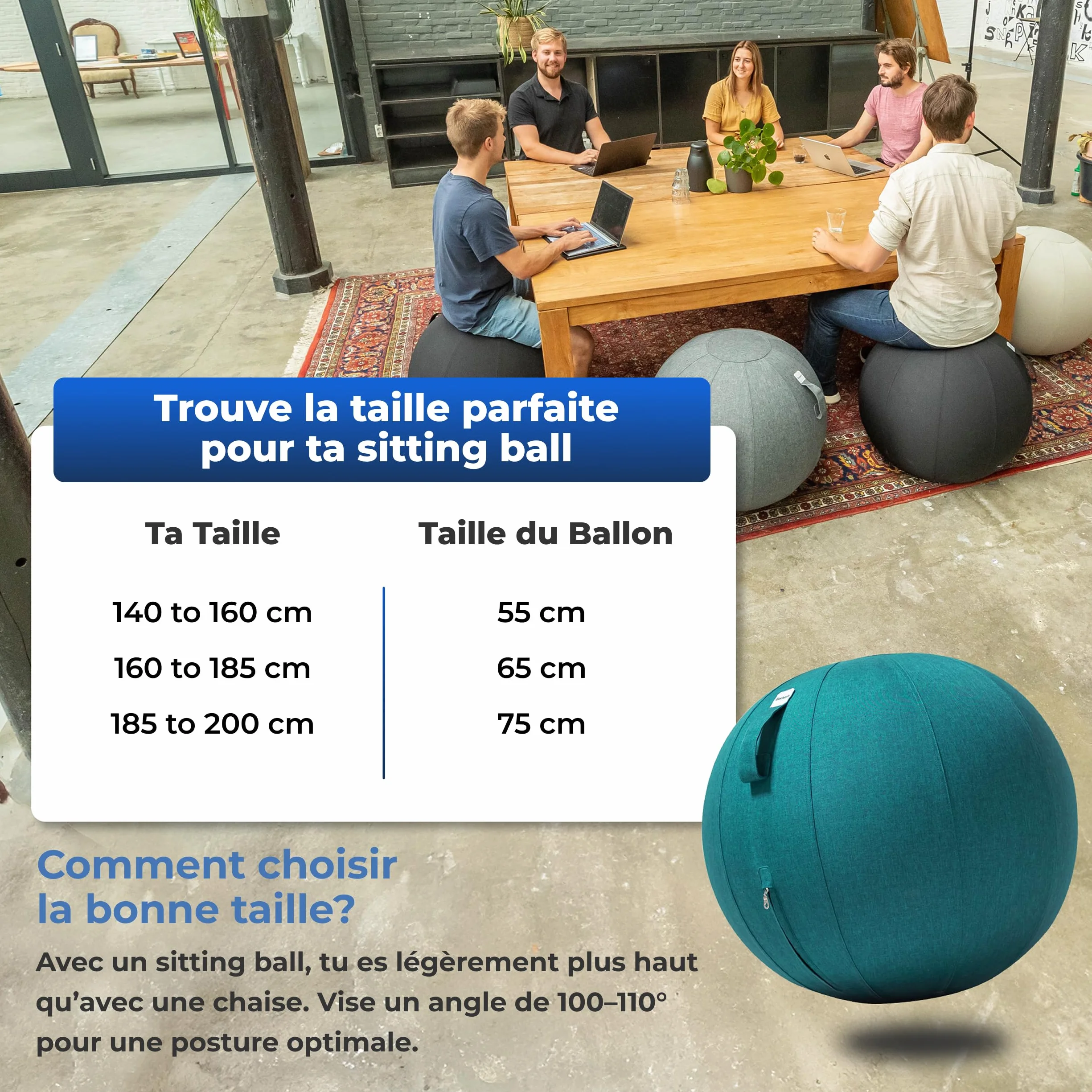 Ballon Ergonomique Bureau 55CM 65CM 75CM Capacité 110kg Housse Lin Lavable Bonne Posture