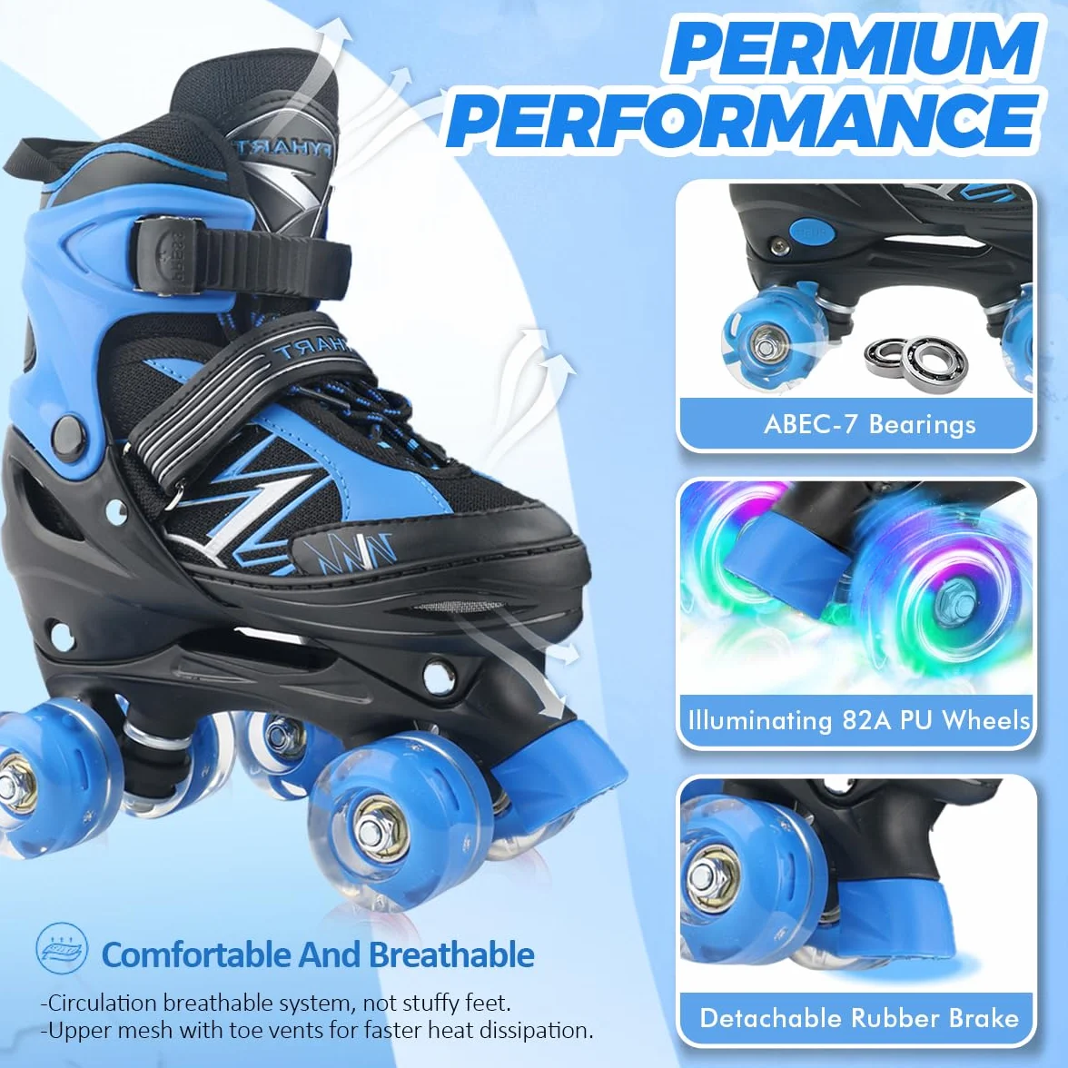 Patins à roulettes pour Enfants Garçons et Filles, 4 Tailles Réglables, Roues Lumineuses, Bleu et Rouge, Quad