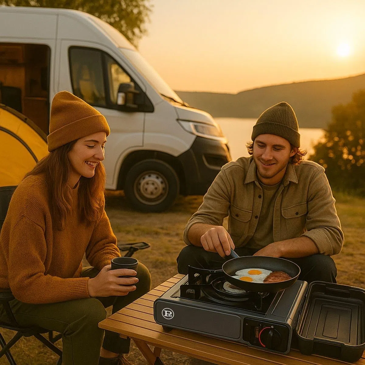 INTEC - Réchaud Gaz Portable 1 Feu 2,2 KW + 8 Cartouches gaz Butane incluses Allumage Piezo – Camping Randonnée Cuisine Extérieure