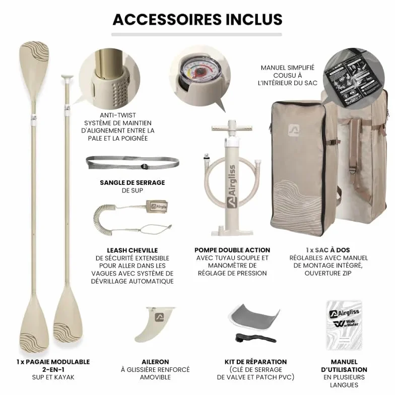Paddle Gonflable AIRGLISS 11.0 JUSQU'A 2 Personnes (Max. 170kg) | Adulte ET Enfant | Stable ET DE Qualite | Complet avec Tous Les Accessoires : PAGAIE, GONFLEUR, Sac, AILERON, Leash