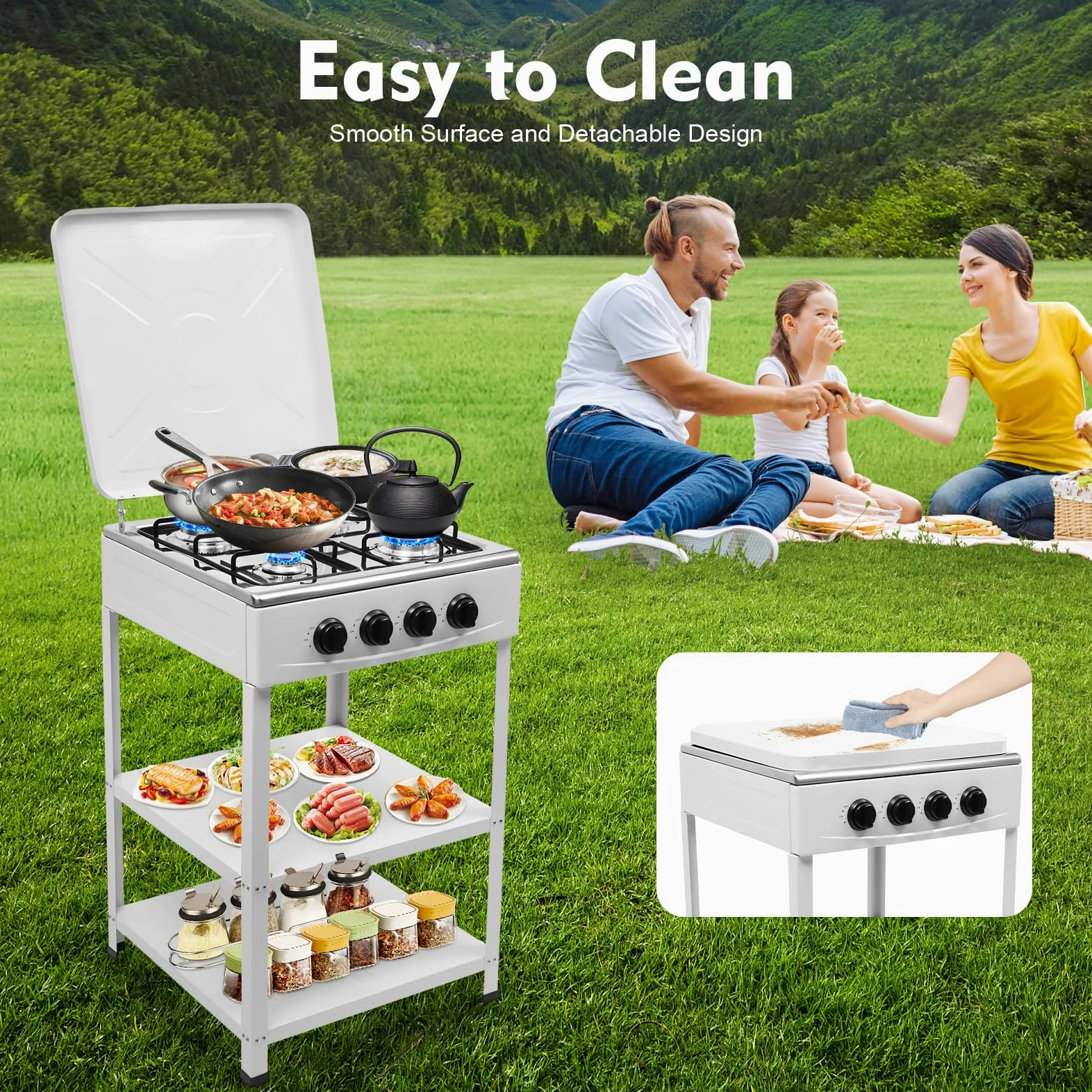 Réchaud à gaz 4 flammes, cuisinière à gaz naturel autoportante, avec étagère à 2 étages et couvercle, réchaud à gaz naturel avec 4 brûleurs, four de camping portable pour camping, extérieur