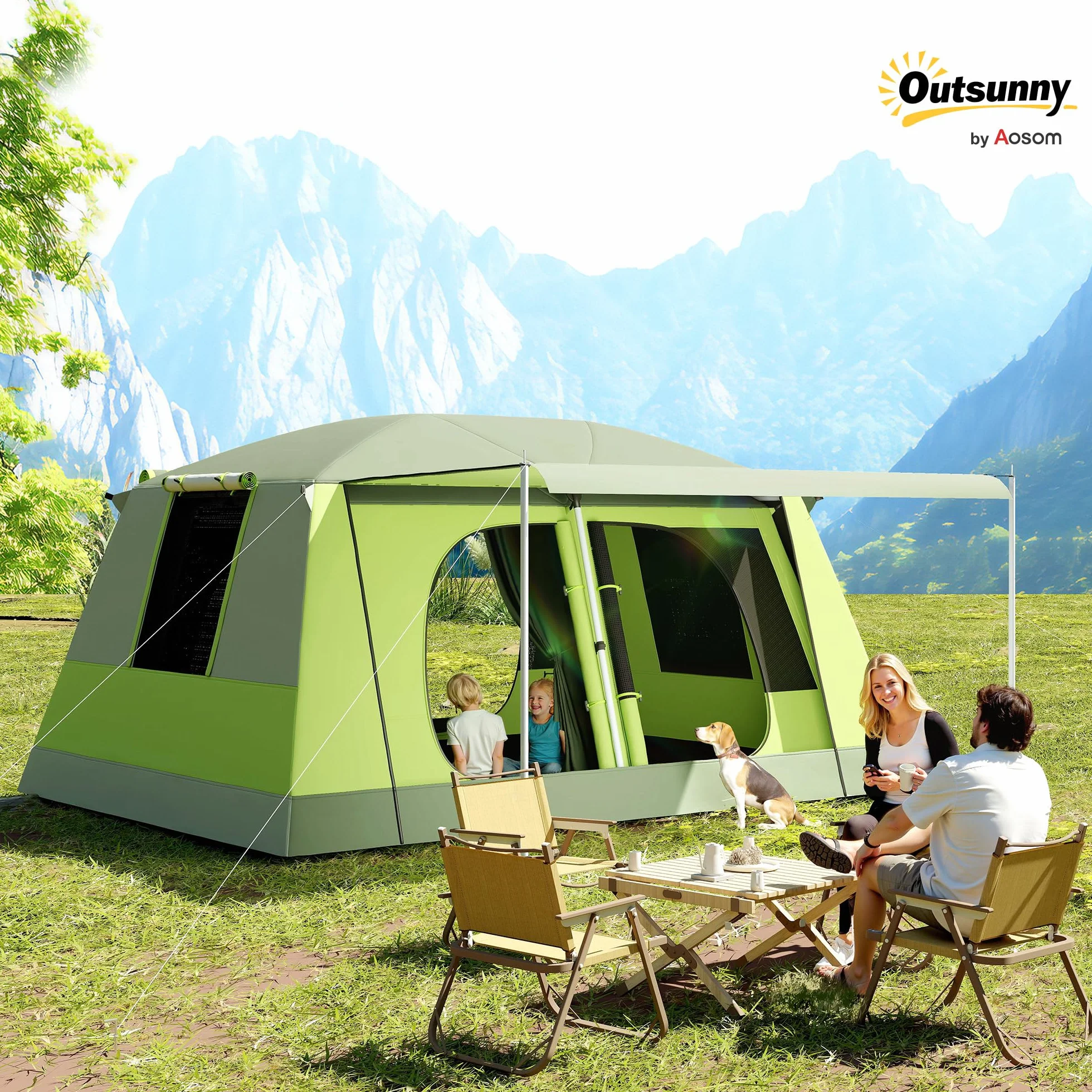 Outsunny Tente de Camping avec Porche pour 4 Personnes, Tente familiale légère Portable Facile à Installer, Sac de Transport et Crochet Inclus, pour Voyage randonnée, 405 x 305 x 225 cm, Vert