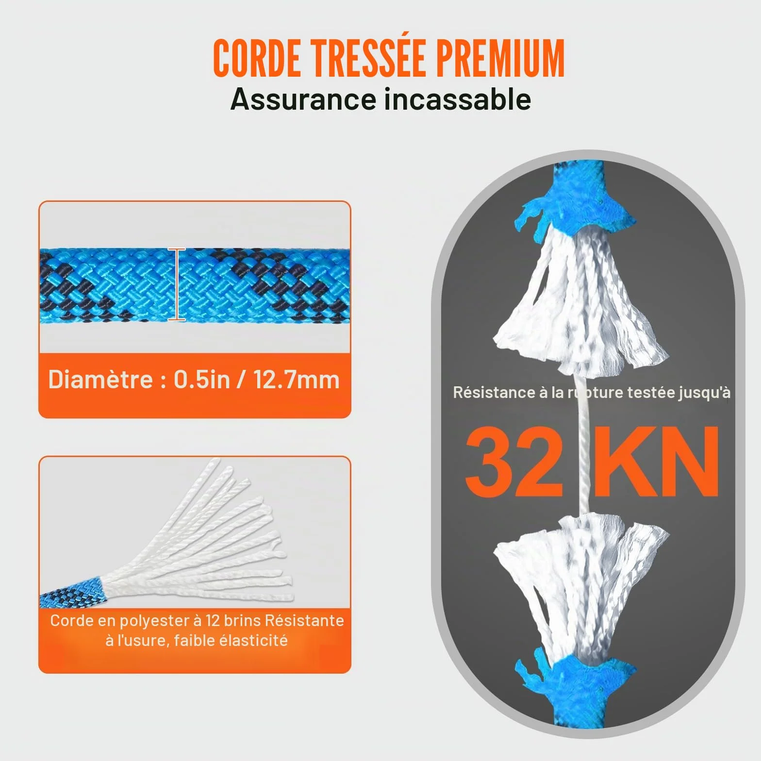 VEVOR Corde d'escalade Statique 12,7 mm 60,96 m 32 KN, Corde de Sécurité Extérieure, Bleu