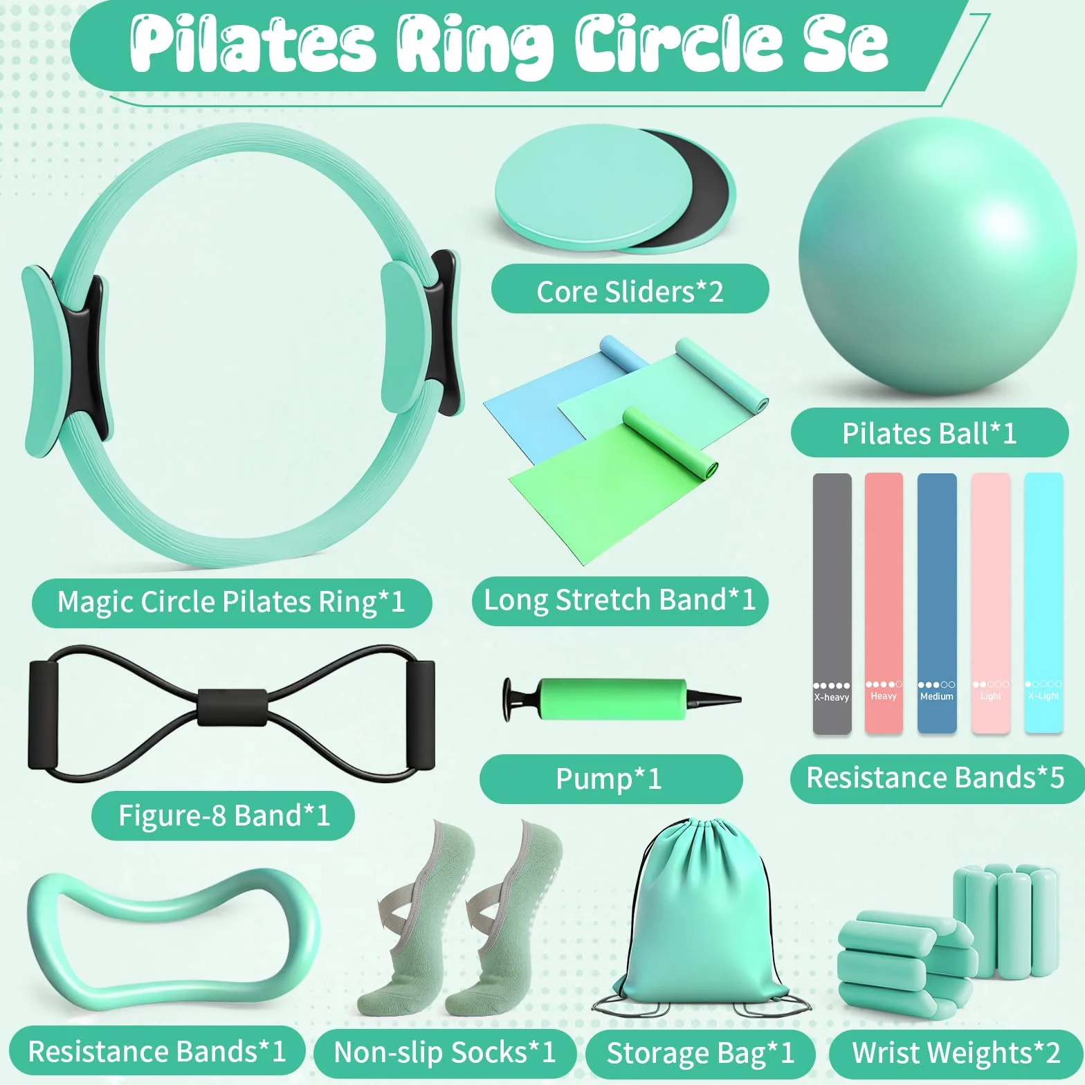 Kit Pilates Maison Complet, Anneau de Pilate 14 Pouces, Ballon Pilate, Poids Poignet et Poids Cheville réglables, Bande Élastique Musculation pour Jambe et Traction, Accessoires pour Femme