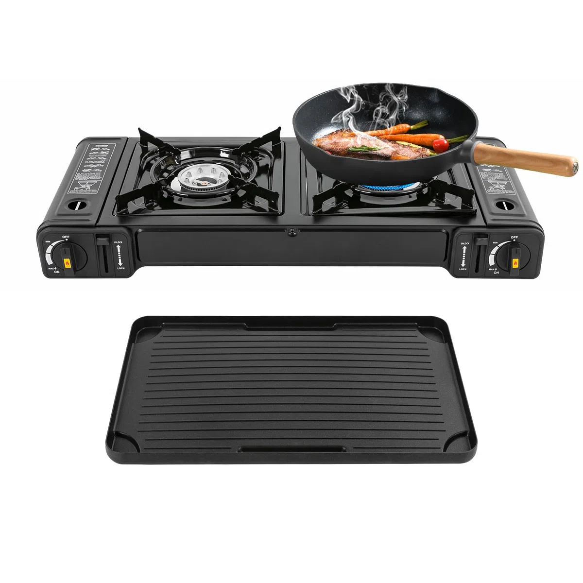 Réchaud de camping avec plaque de cuisson et valise, Réchaud à gaz à 2 feux Cuisine Portable 2X Brûleurs En aluminium Pour pique-nique en plein air