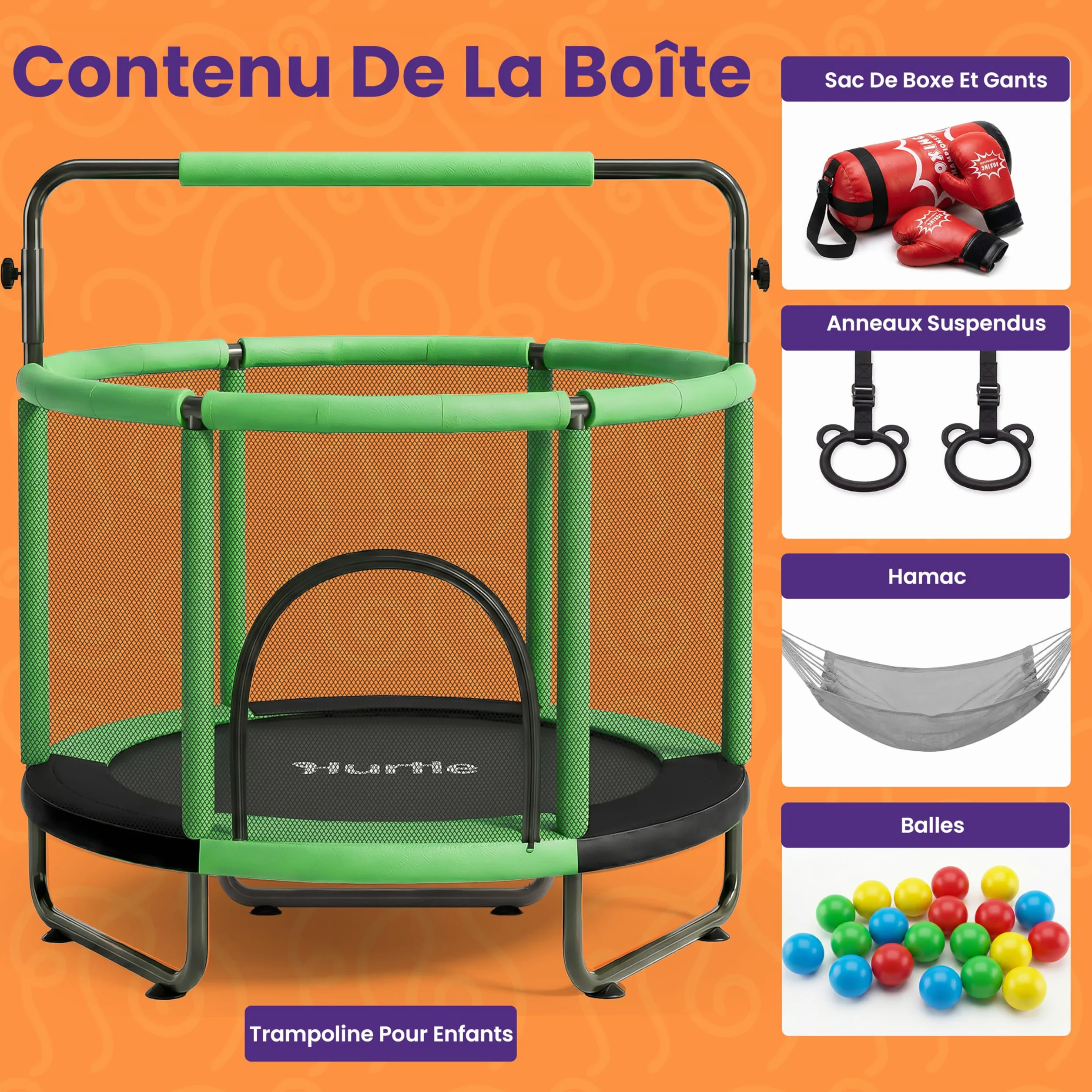 Hurtle Trampoline Enfant 140 cm avec Filet de Sécurité – Trampoline Jardin et Intérieur avec Balançoire, Sac de Frappe, Anneaux, 20 Balles, Structure Stable, Jeux Actifs dès 3 Ans