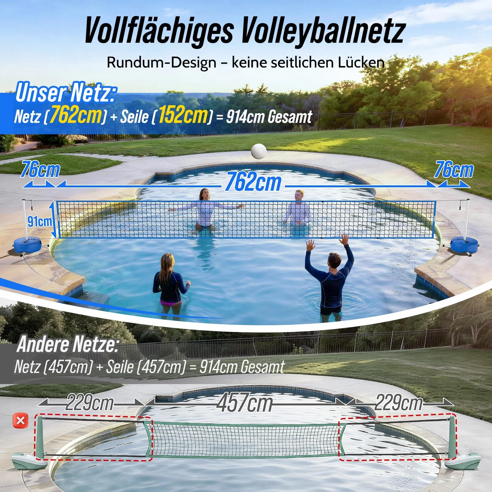 Kit de volley-ball de piscine portable réglable 4,5-7,6 m avec barres solides sac à eau 27 L jeu de volleyball