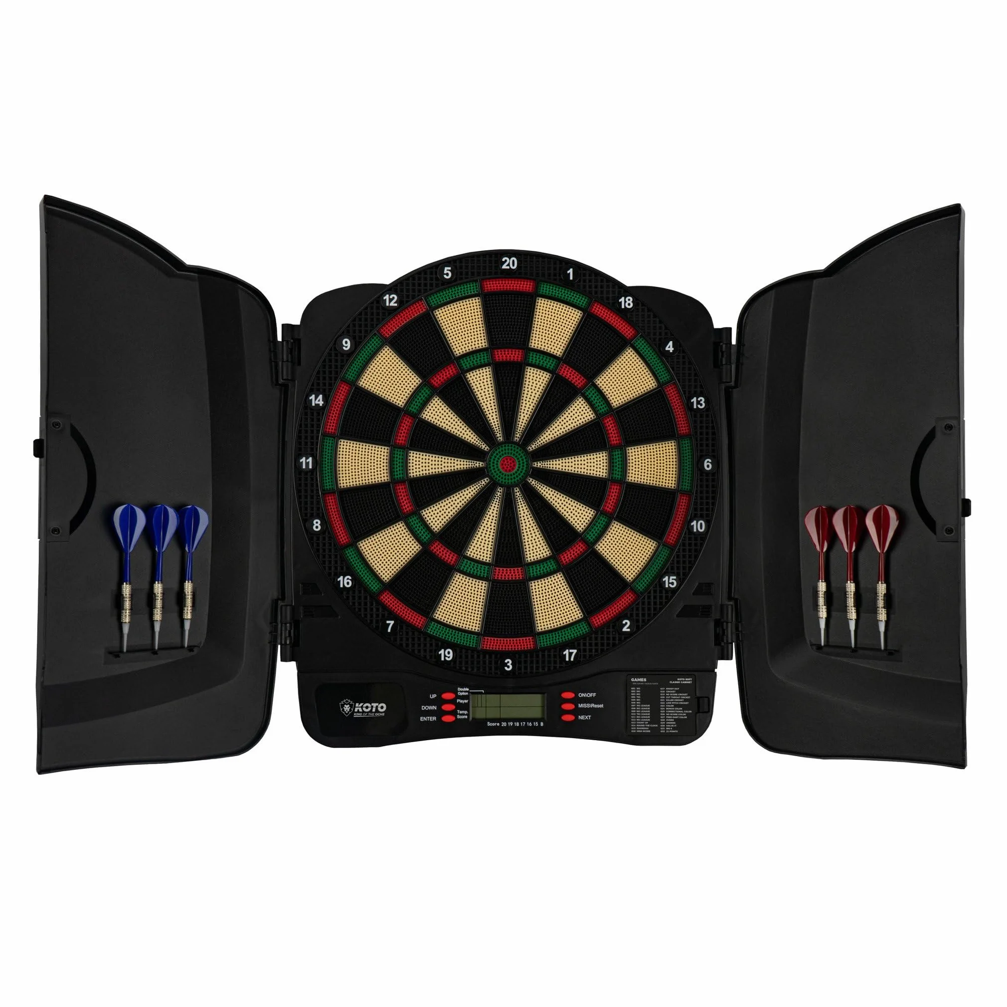 KOTO - Jeu de Flechette Electronique Classique Soft, Cible Flechette Electronique, (39x1.5x43.3 cm), 6 Fléchettes Pointe Plastique, 32 Jeux, 590 Variantes, pour Enfants et Adultes